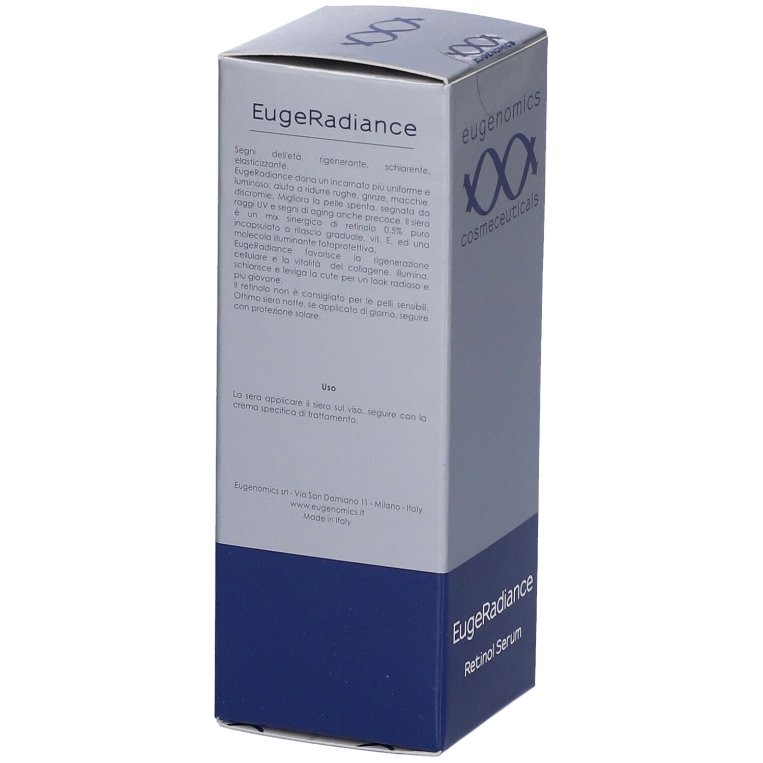 Retro della scatola "EugeRadiance". Testo in italiano. Marchio: eugenomics. Colori blu e grigio.