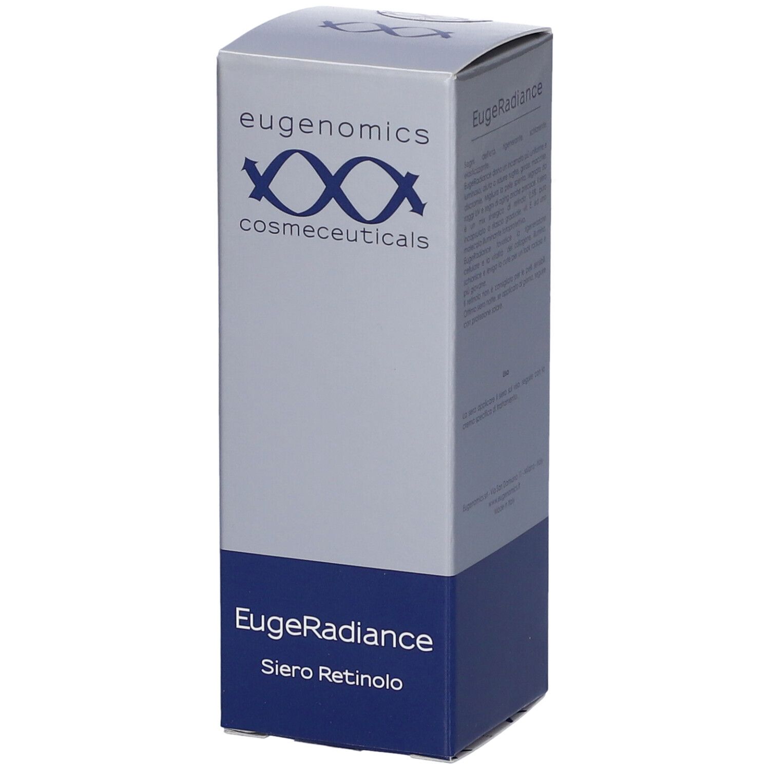 Scatola "EugeRadiance Siero Retinolo". Marchio: eugenomics. Colori blu e grigio. Logo con tre X e frecce.