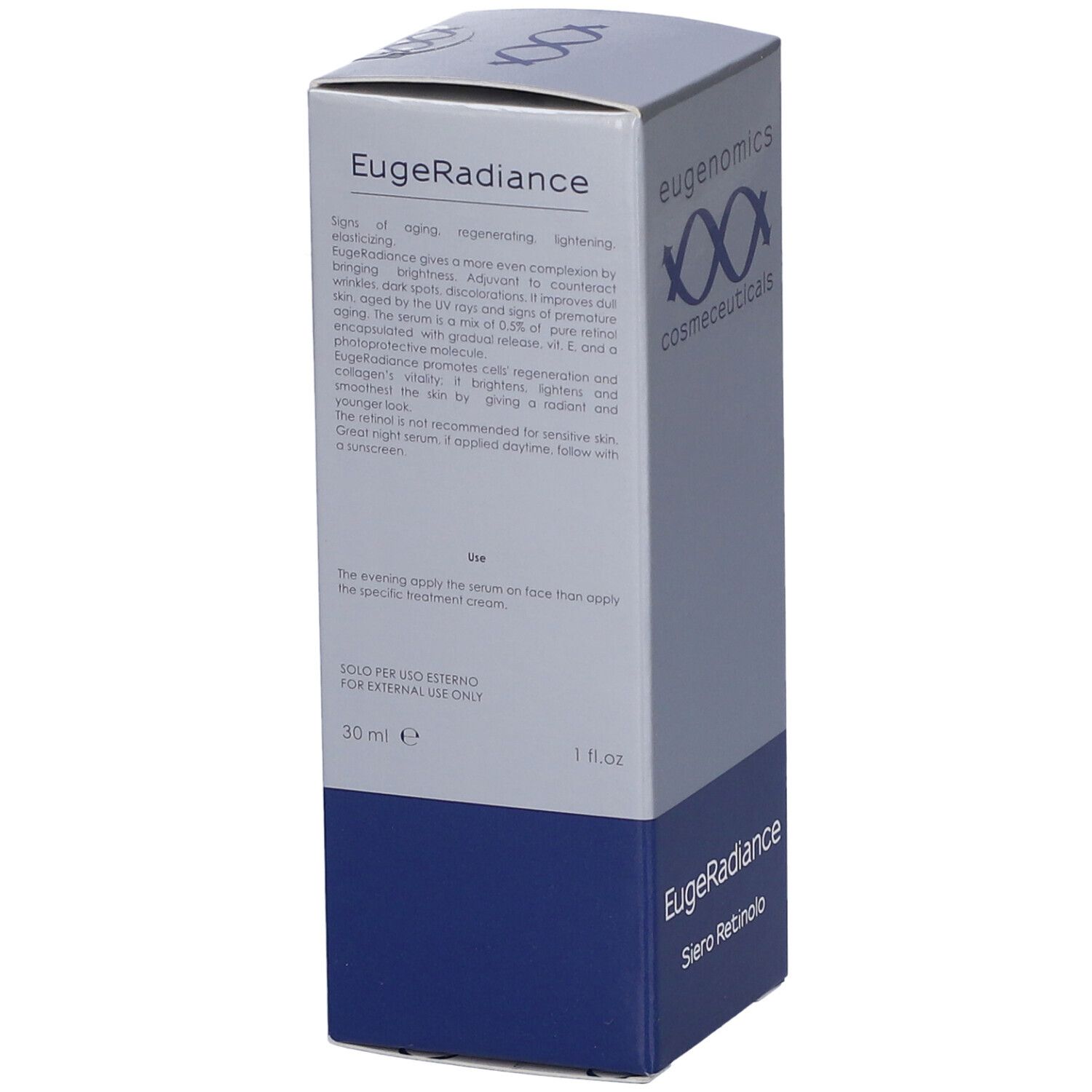 Lato della scatola "EugeRadiance". Testo in inglese. Marchio: eugenomics. 30 ml. Colori blu e grigio.