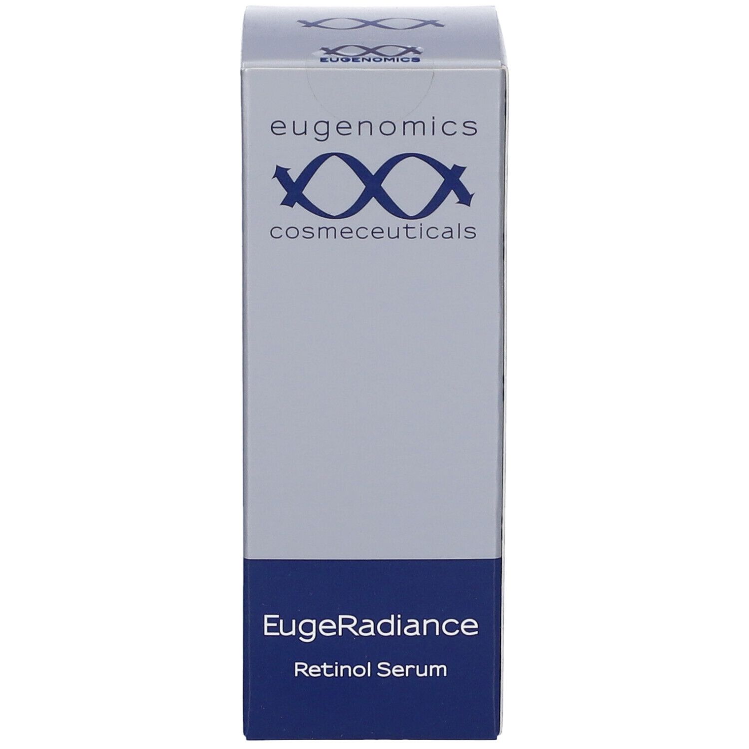 Fronte della scatola "EugeRadiance Retinol Serum". Marchio: eugenomics. Colori blu e grigio. Logo con tre X e frecce.
