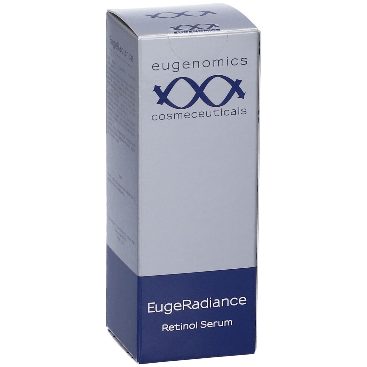Scatola "EugeRadiance Retinol Serum". Marchio: eugenomics. Colori blu e grigio. Logo con tre X e frecce.