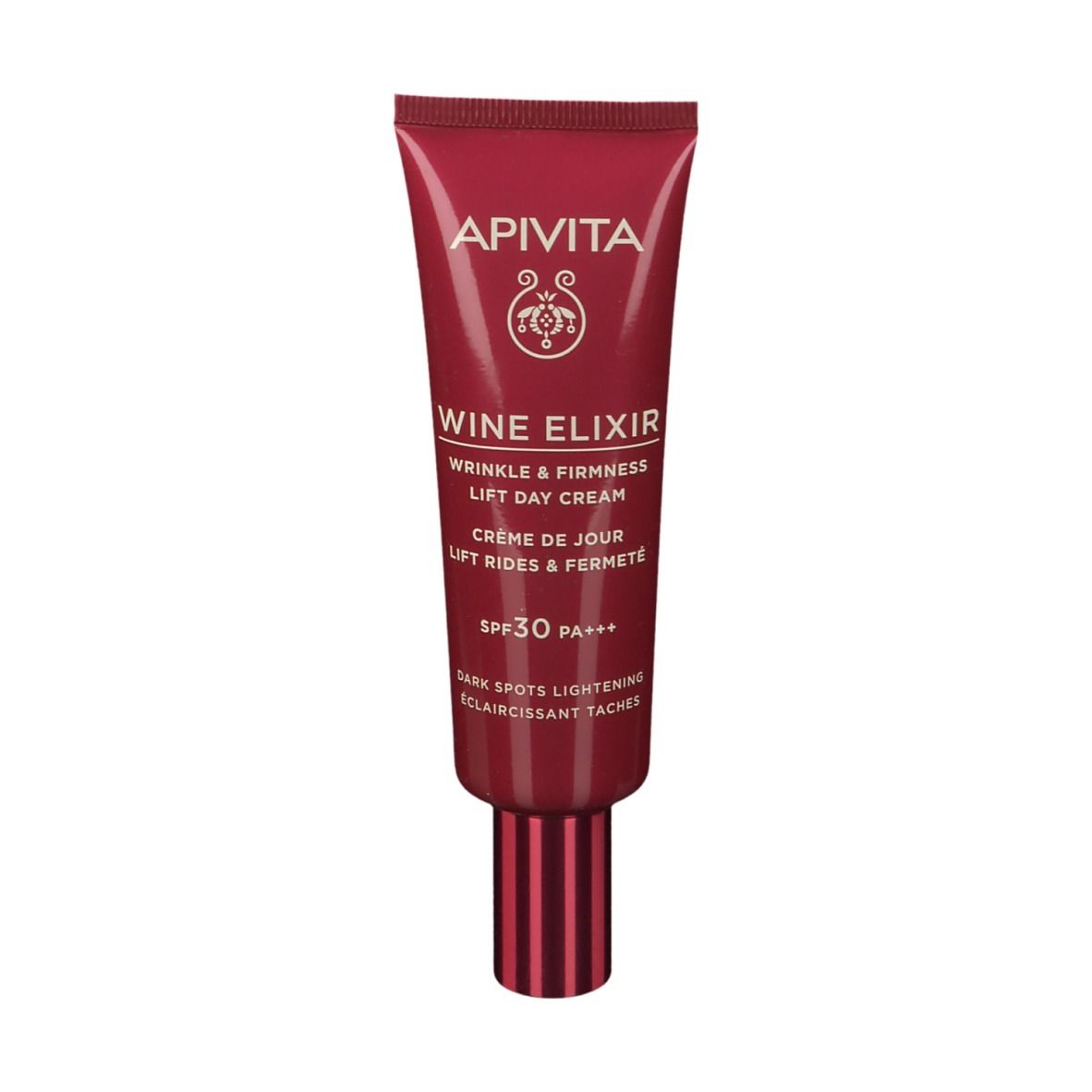 Tubo rosso con testo bianco. Scritta: APIVITA, WINE ELIXIR, Crema giorno lift rides SPF 30. Per rughe e compattezza.