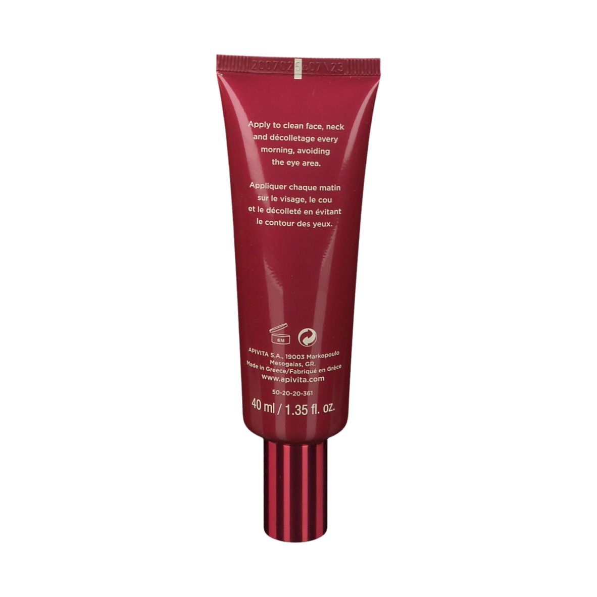 Tubo rosso, retro con testo bianco. Testo: Applicare su viso, collo, décolleté. Marchio, indirizzo, contenuto: 40 ml.