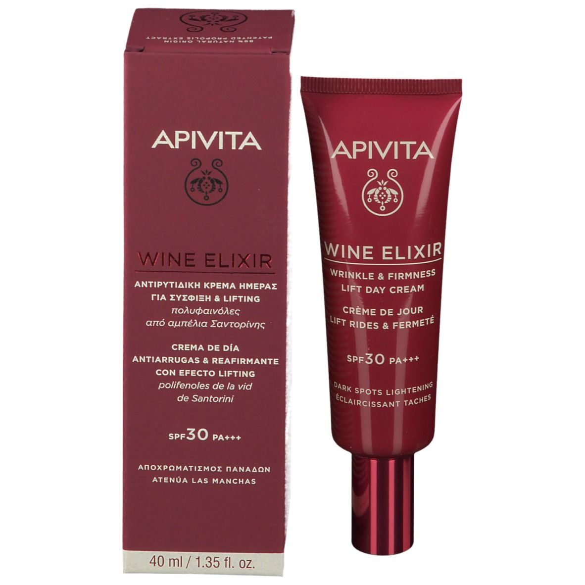 Confezione prodotto con tubo. Scritta: APIVITA, WINE ELIXIR, Crema giorno lift rides SPF 30. Per rughe e compattezza. Contenuto: 40 ml.