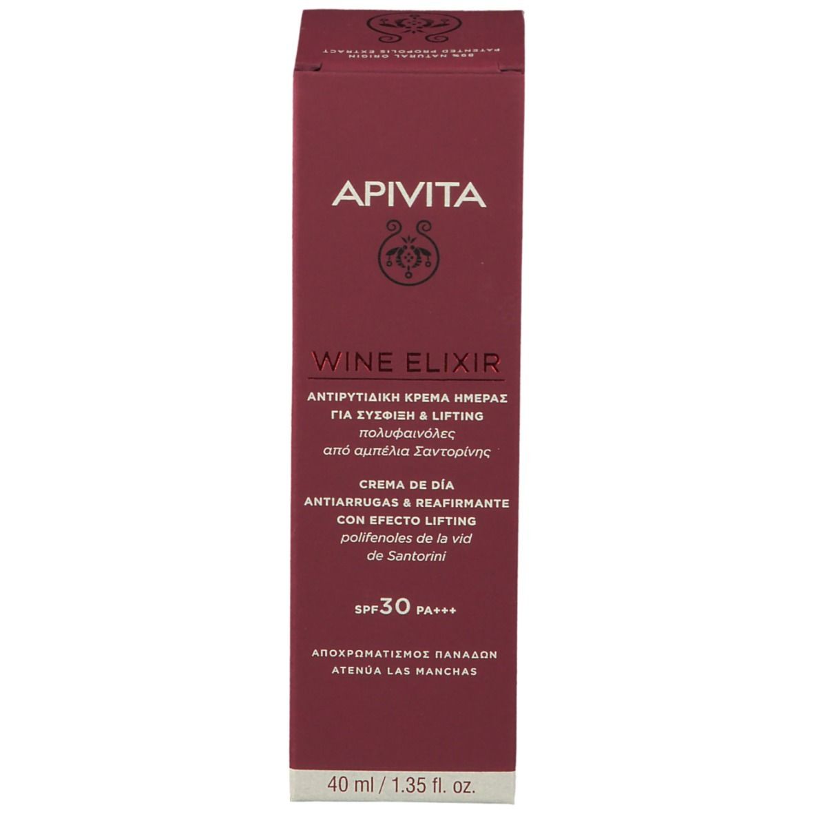 Confezione prodotto. Scritta: APIVITA, WINE ELIXIR, Crema giorno lift rides SPF 30. Per rughe e compattezza. Contenuto: 40 ml.