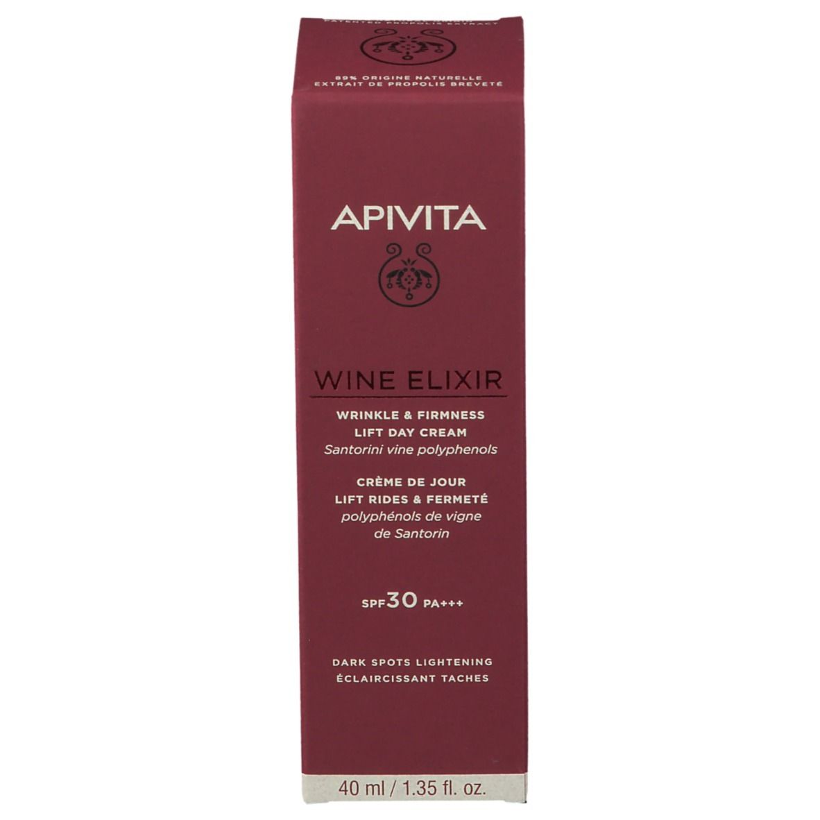 Confezione prodotto, lato con testo. Scritta: APIVITA, WINE ELIXIR, Crema giorno lift rides SPF 30. Per rughe e compattezza.