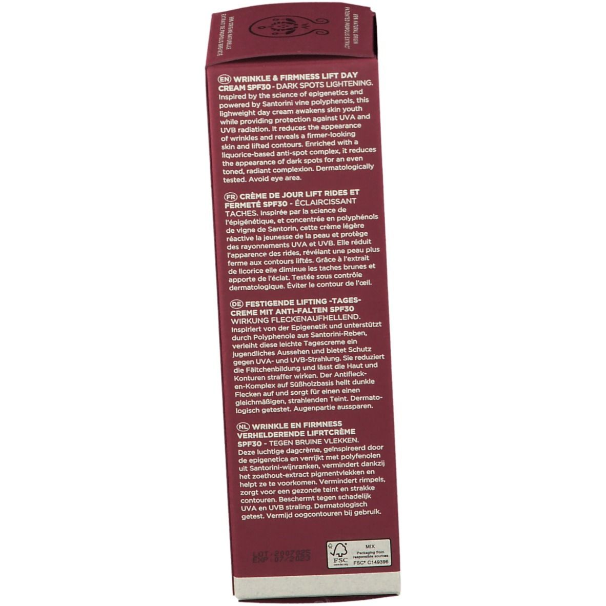 Confezione prodotto, lato con testo. Descrizione multilingue del prodotto. Marchio, contenuto, indirizzo.