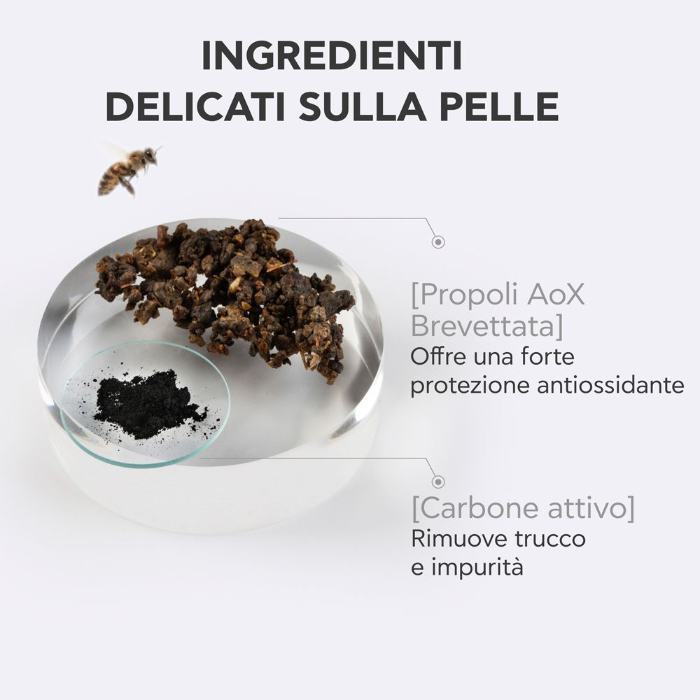 Propoli AoX e carbone attivo in ciotole.
