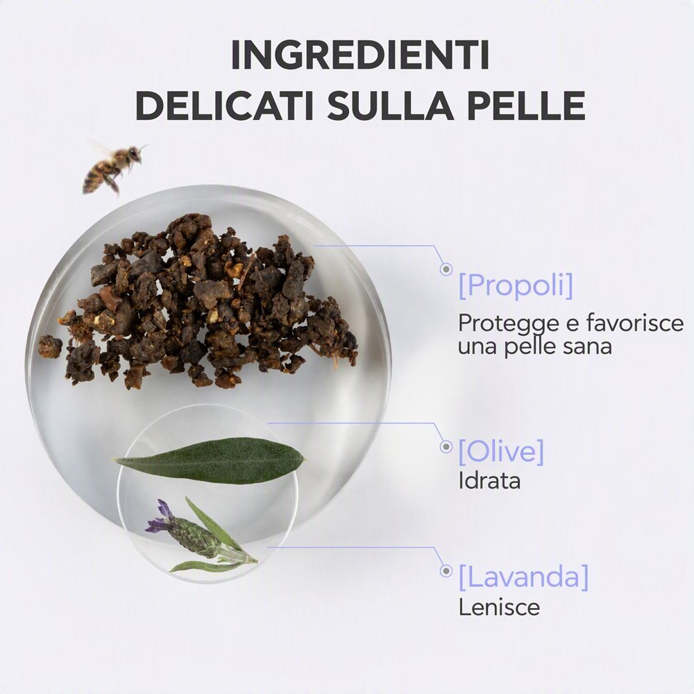 Ingredienti: Propoli, Oliva, Lavanda. Ingredienti per la cura della pelle.