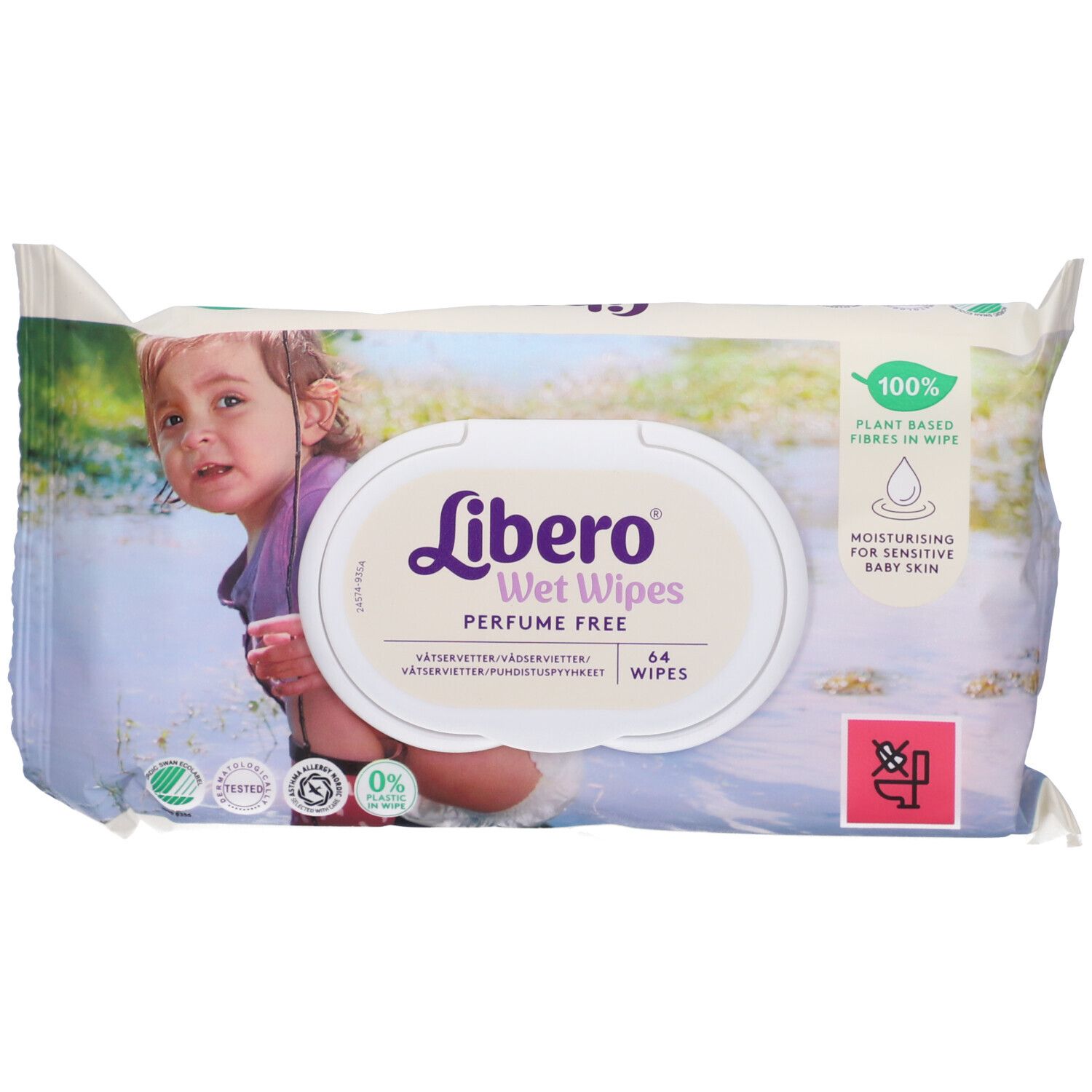 Confezione salviette umidificate Libero, "Wet Wipes, Perfume Free". 64 salviette. 100% fibre vegetali. Per pelli sensibili neonati. Logo. 0% plastica.