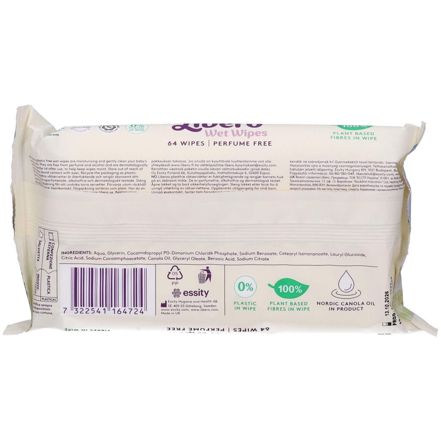 Retro confezione salviette umidificate Libero. 64 salviette, "Perfume Free". Ingredienti. 0% plastica, 100% fibre vegetali. Olio di canola nordico.