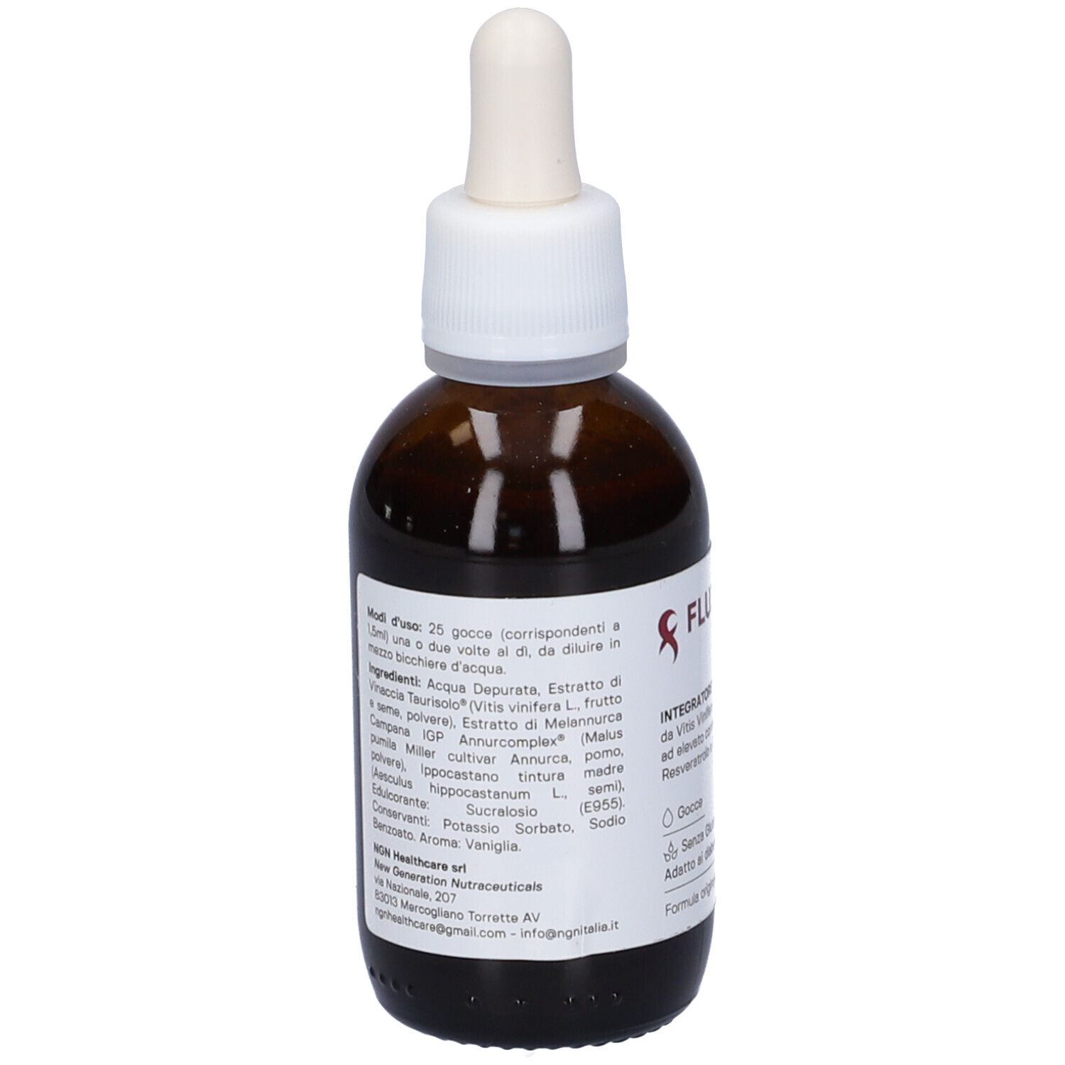 Flacone di vetro marrone con tappo e contagocce bianchi. Etichetta con ingredienti e istruzioni per l'uso.