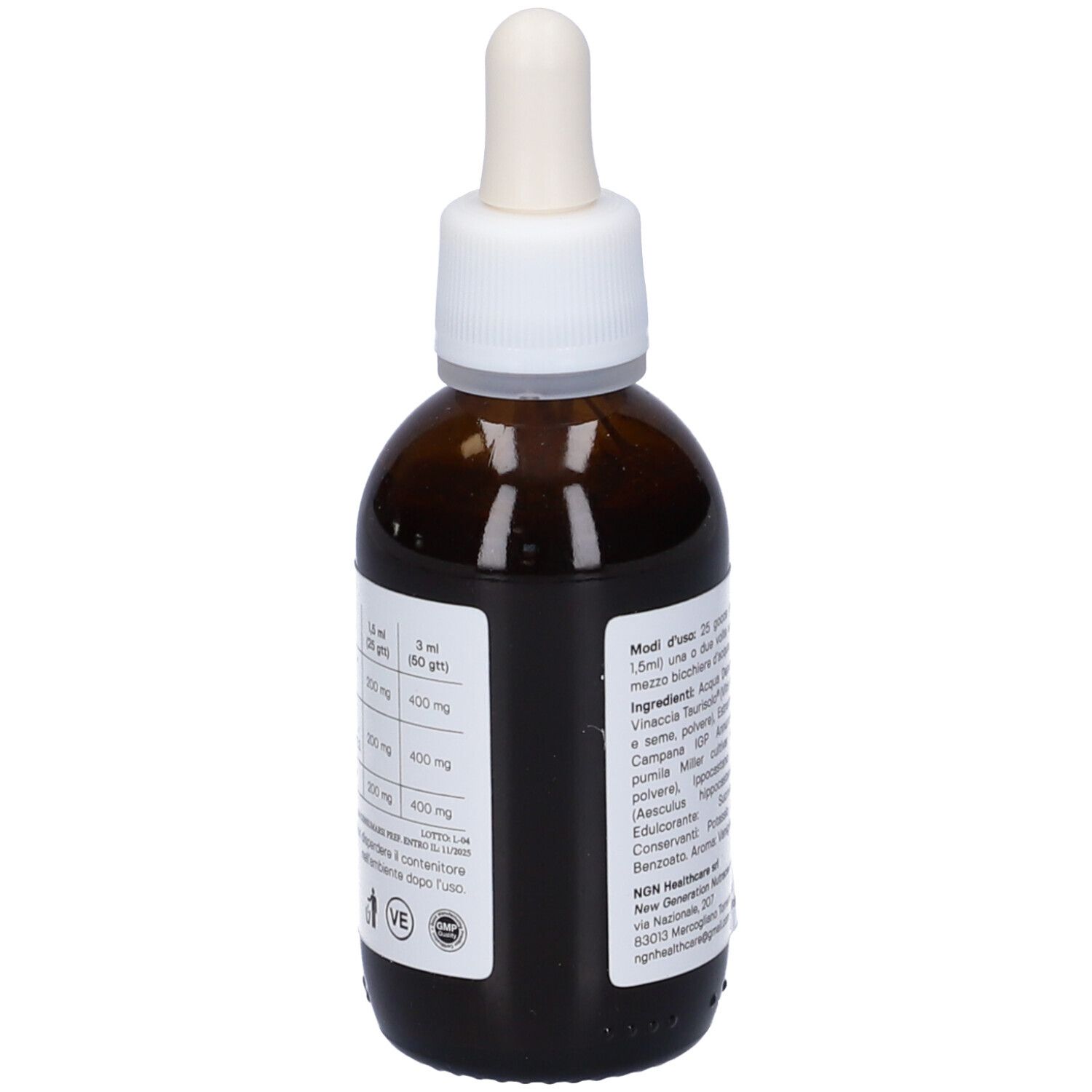 Flacone di vetro marrone con tappo e contagocce bianchi. Etichetta con informazioni nutrizionali e dosaggio.