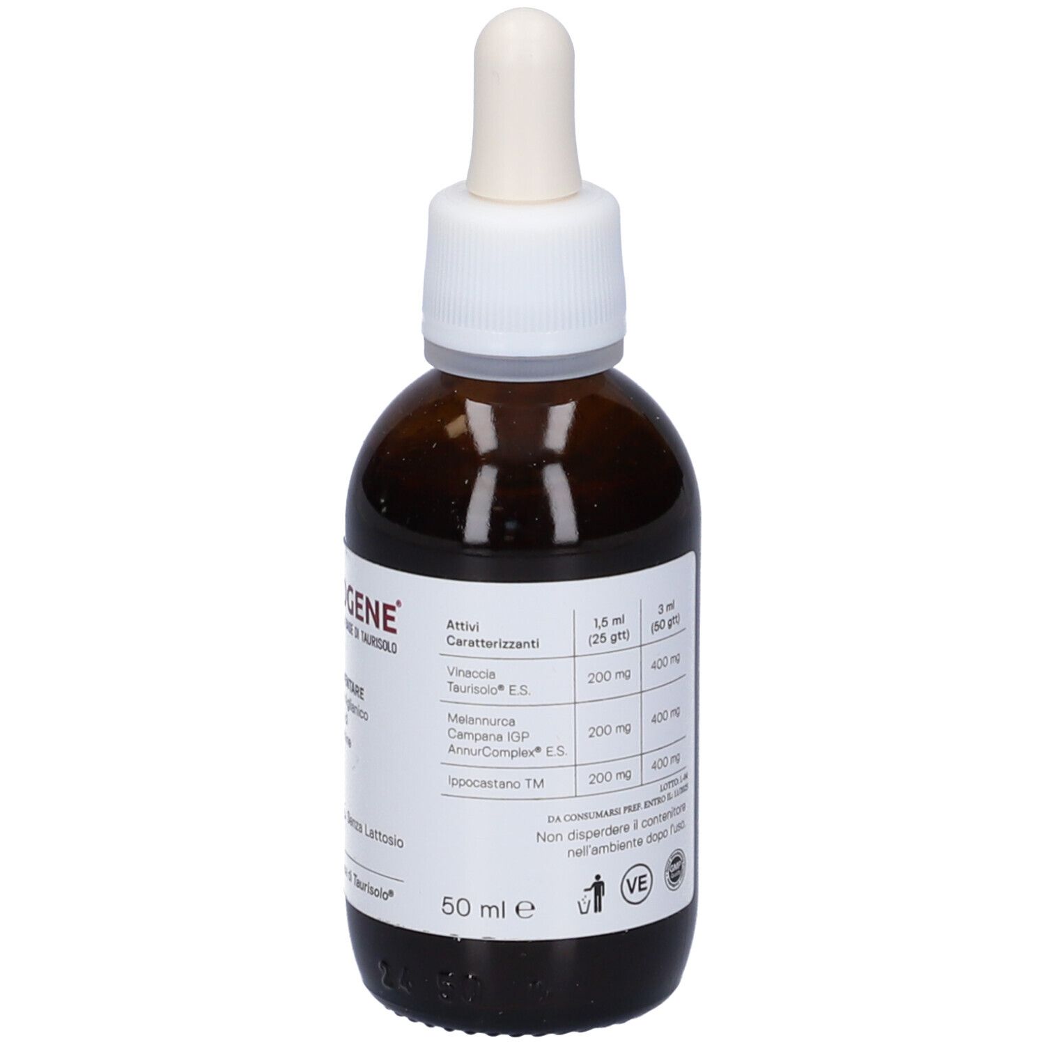 Flacone di vetro marrone con tappo e contagocce bianchi. Etichetta con ingredienti e informazioni nutrizionali.