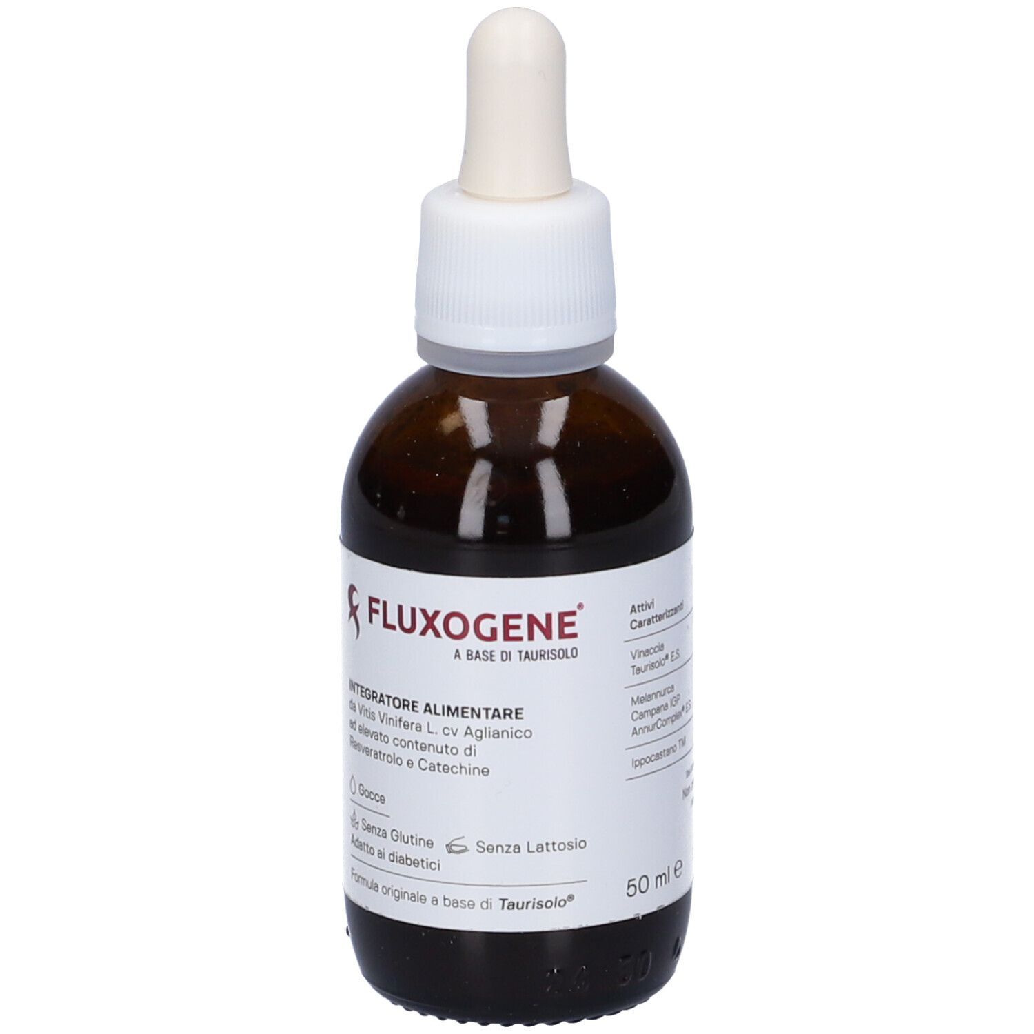 Flacone di vetro marrone con tappo e contagocce bianchi. Etichetta con nome del prodotto e informazioni.