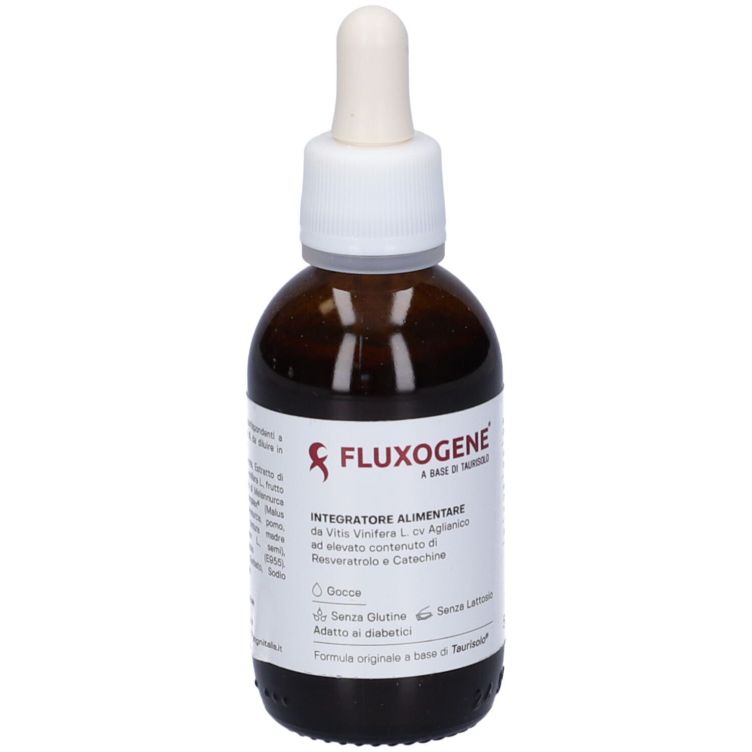 Flacone di vetro marrone con tappo e contagocce bianchi. Etichetta con nome del prodotto e ingredienti.