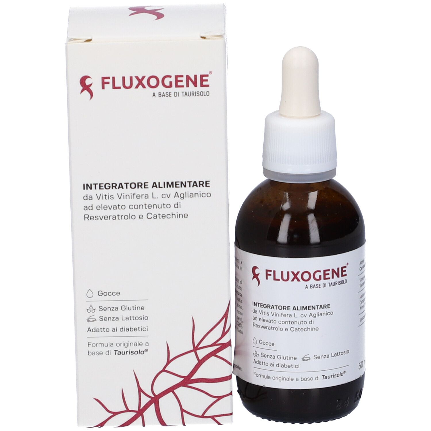 Flacone di vetro marrone con tappo e contagocce bianchi, accanto a una scatola bianca. Sulla scatola c'è scritto Fluxogene.