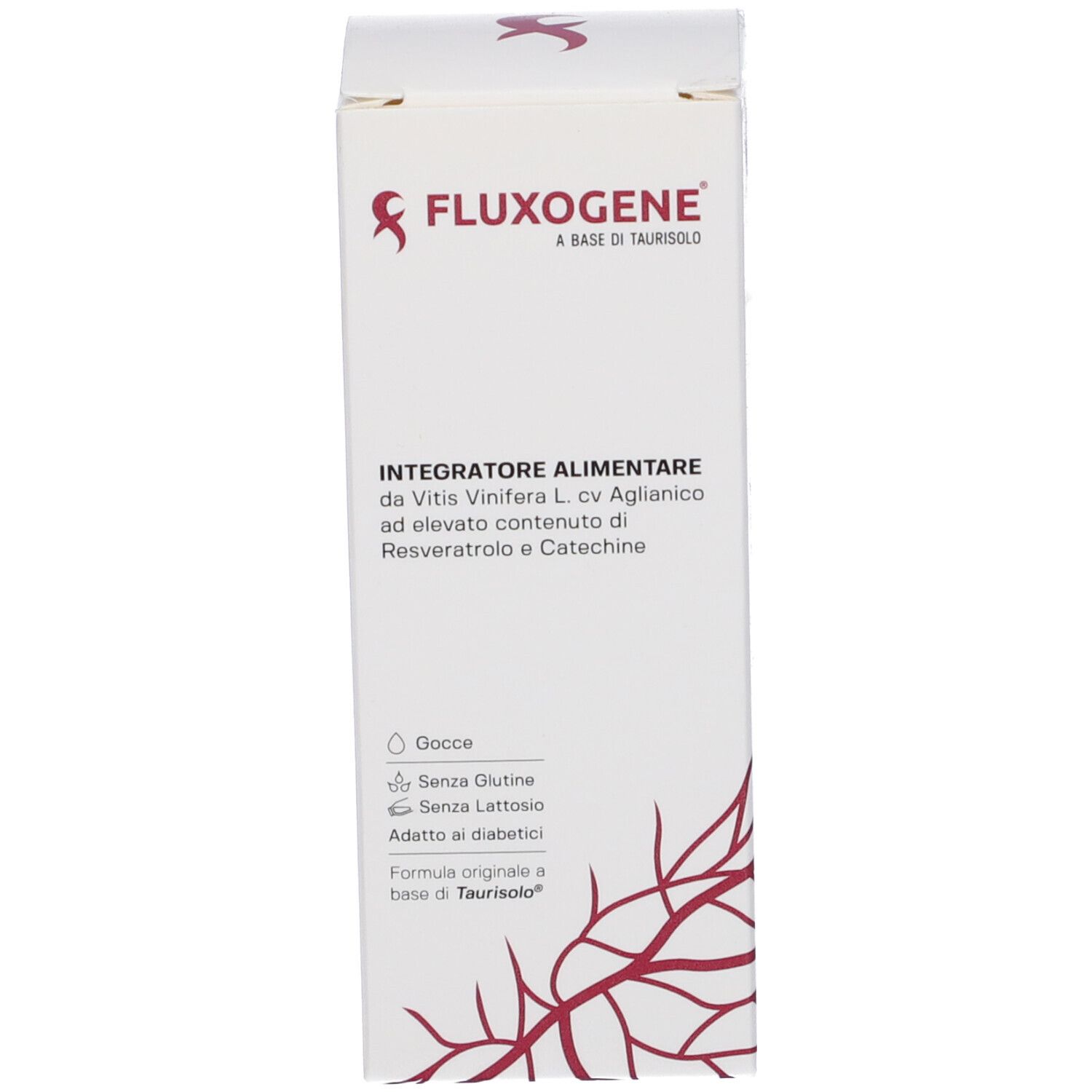 Scatola bianca con informazioni sul prodotto e logo Fluxogene. Elementi grafici rossi.