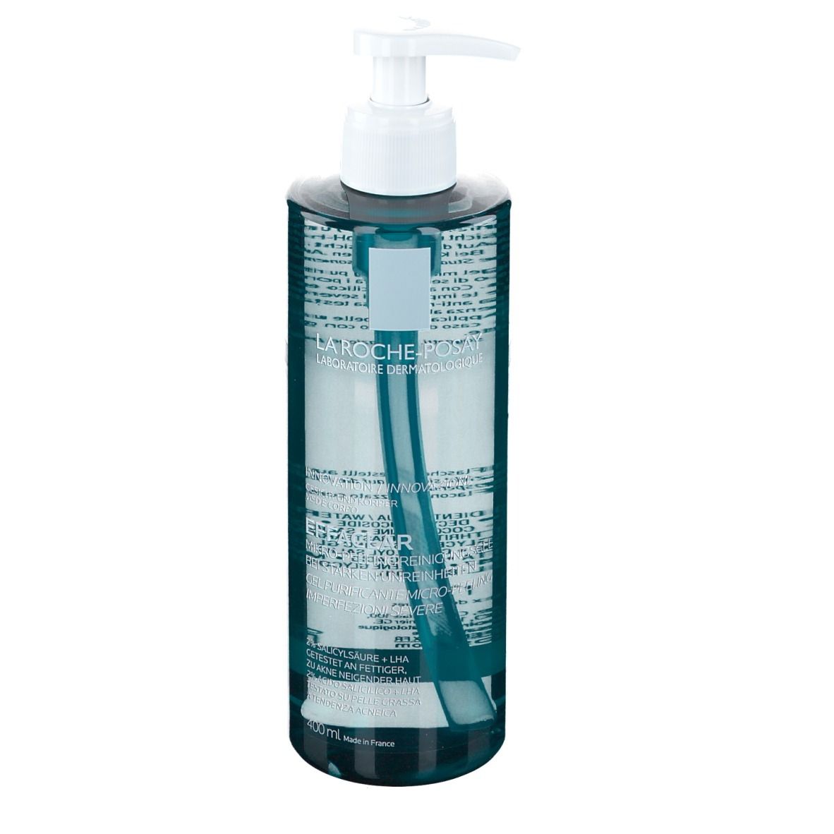 La Roche-Posay Effaclar gel. Flacone trasparente con dosatore. Prodotto visto da dietro.