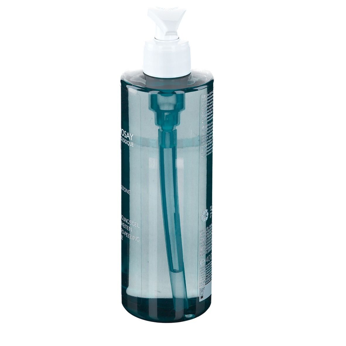 La Roche-Posay Effaclar gel. Flacone trasparente con dosatore. Dettaglio vista posteriore.