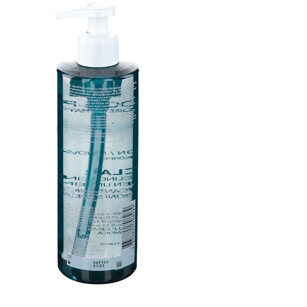 La Roche-Posay Effaclar gel. Flacone trasparente con dosatore. Retro con testo.