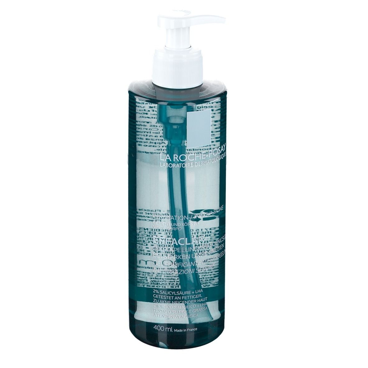 La Roche-Posay Effaclar gel. Flacone trasparente con dosatore. Retro con testo.
