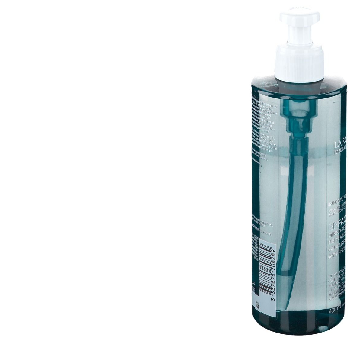 La Roche-Posay Effaclar gel. Flacone trasparente con dosatore. Retro con testo.