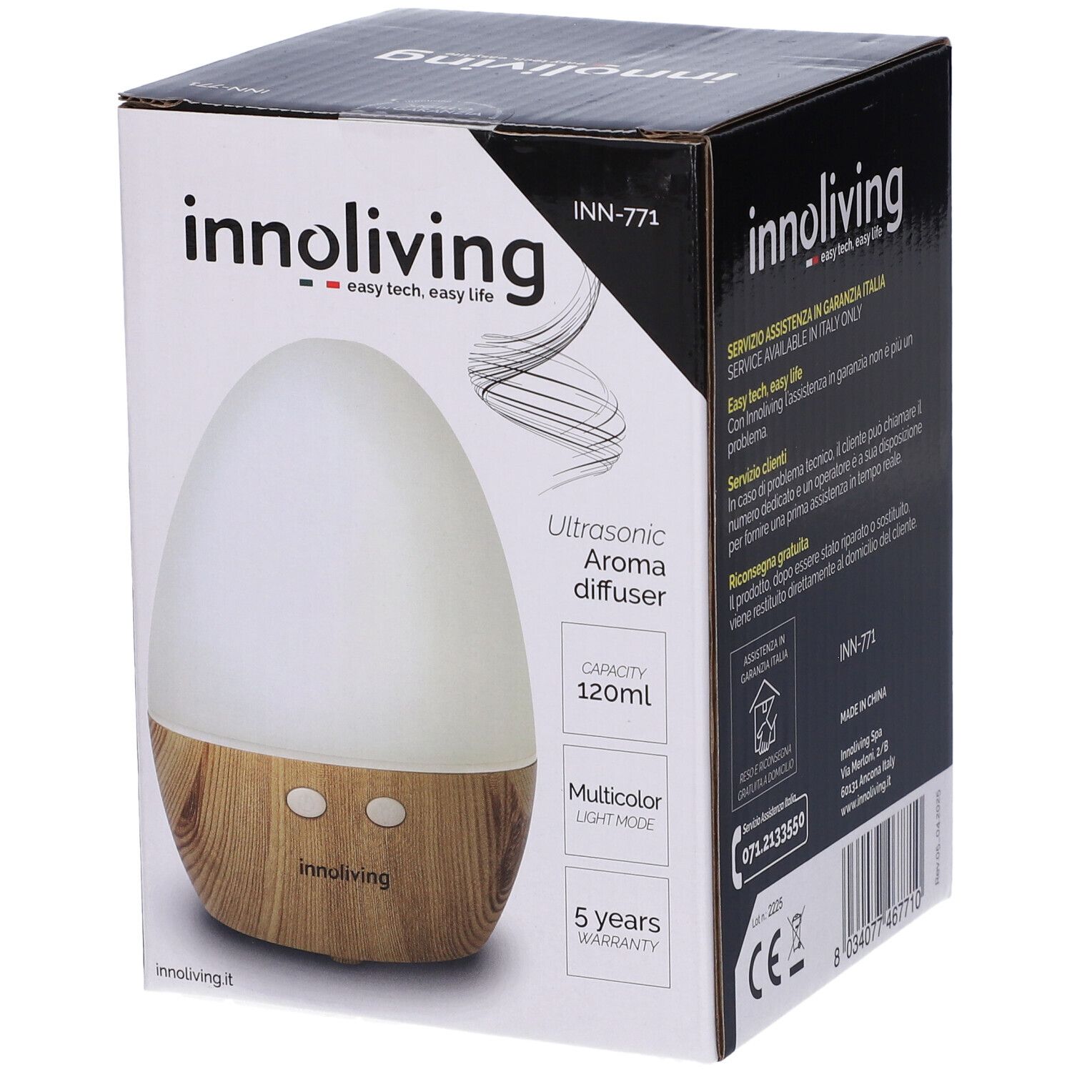 Diffusore di aromi in confezione. Design bianco-marrone. Marchio: innoliving. Testo: Ultrasonic Aroma Diffuser, 120ml, Multicolor Light Mode, 5 years warranty.