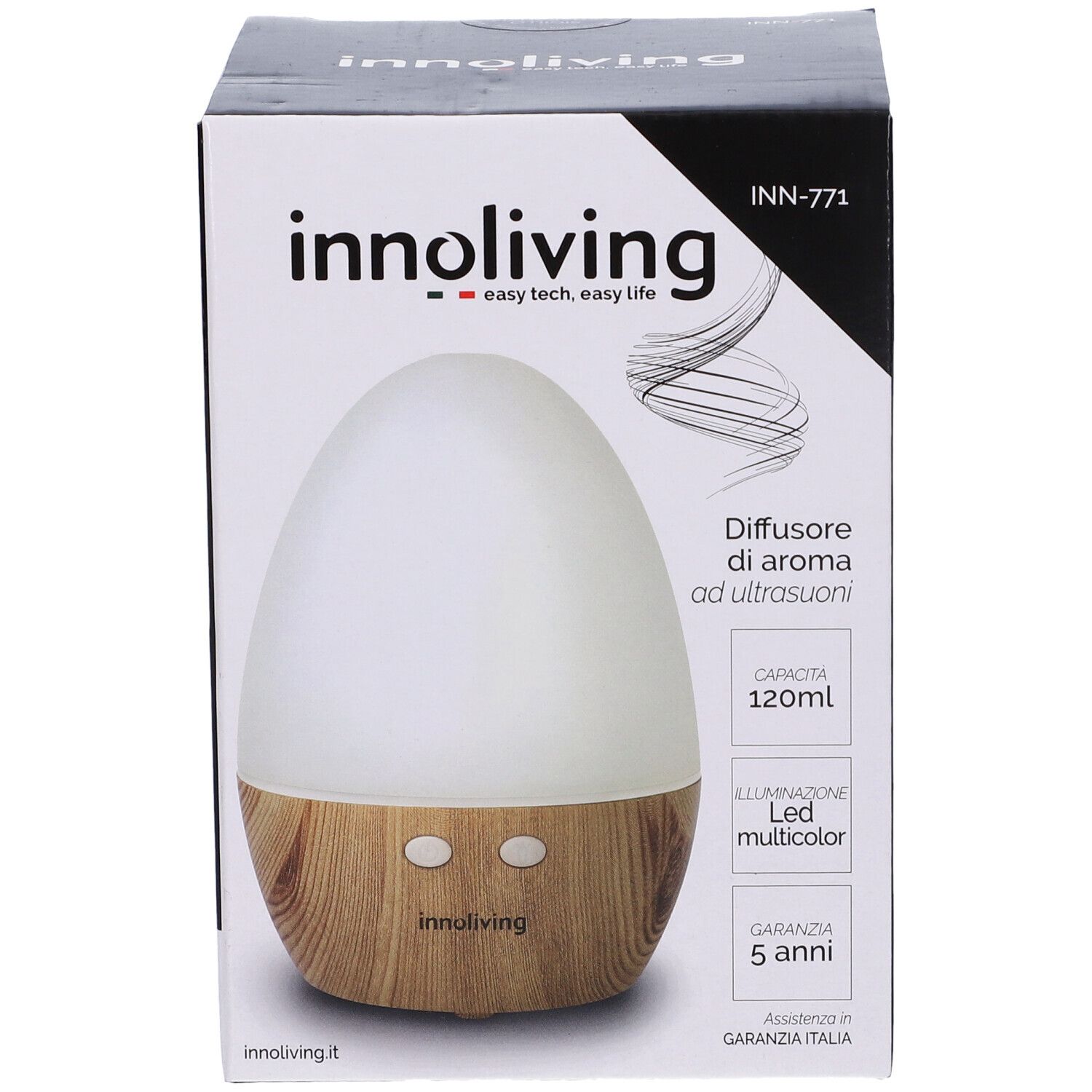 Diffusore di aromi in confezione. Design bianco-marrone. Marchio: innoliving. Testo: Diffusore di aroma ad ultrasuoni, 120ml, LED multicolor, 5 anni garanzia.