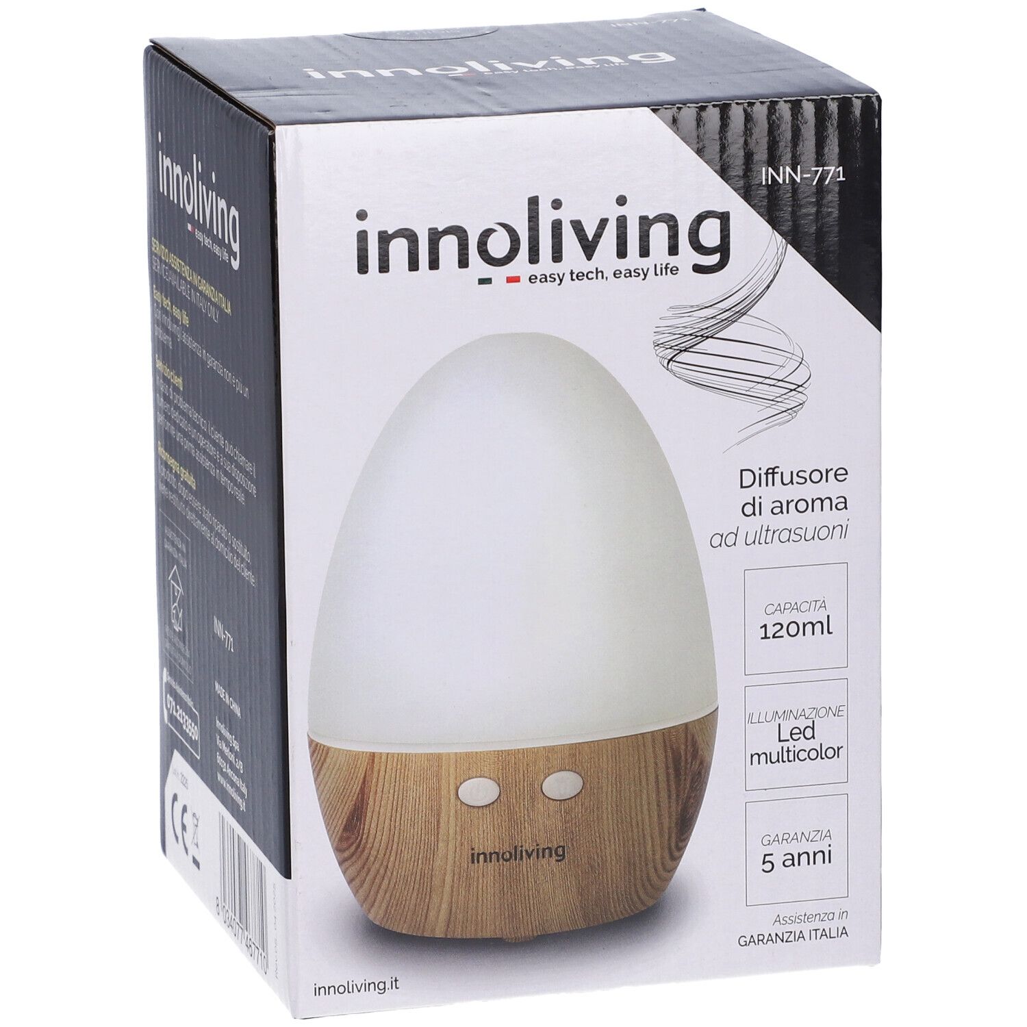 Diffusore di aromi in confezione. Design bianco-marrone. Marchio: innoliving. Testo: Diffusore di aroma ad ultrasuoni, 120ml, LED multicolor, 5 anni garanzia.