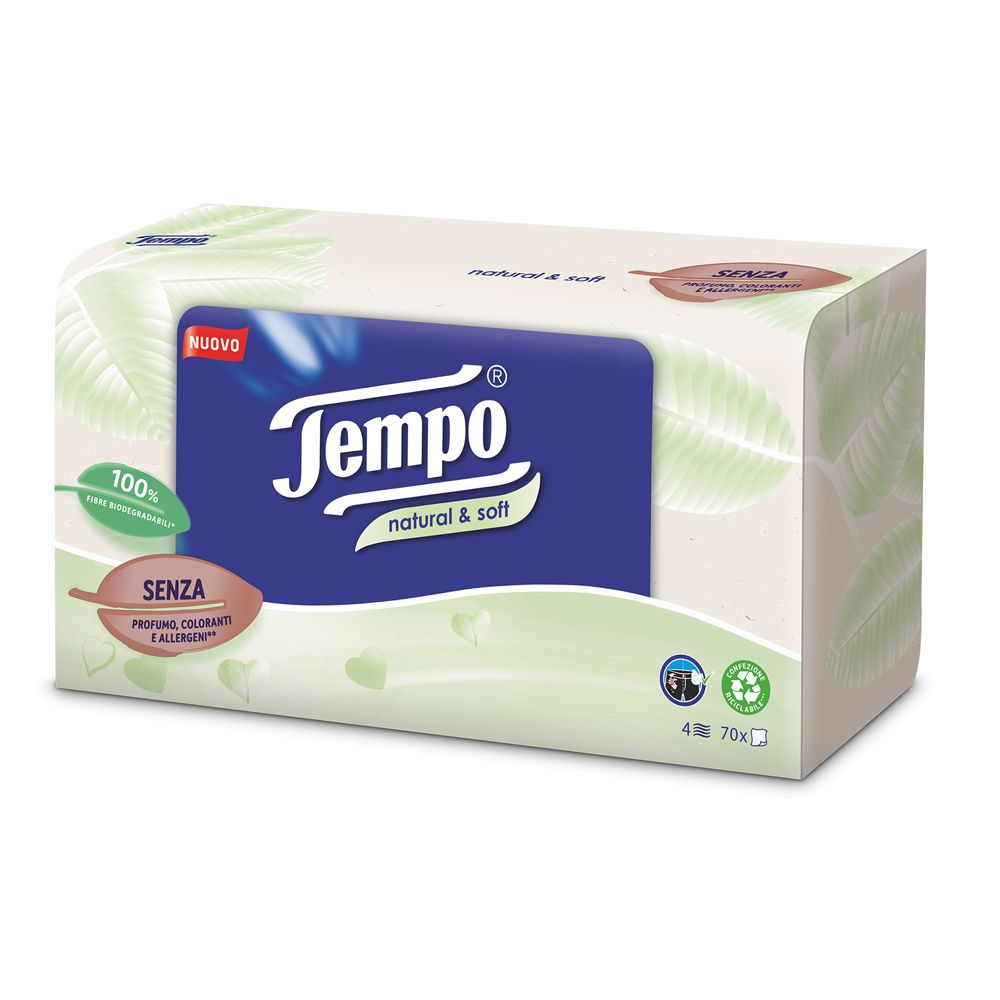 Confezione di fazzoletti Tempo. Confezione blu con logo e scritta "natural & soft". 4 x 70 pezzi. Senza profumo, coloranti e allergeni.