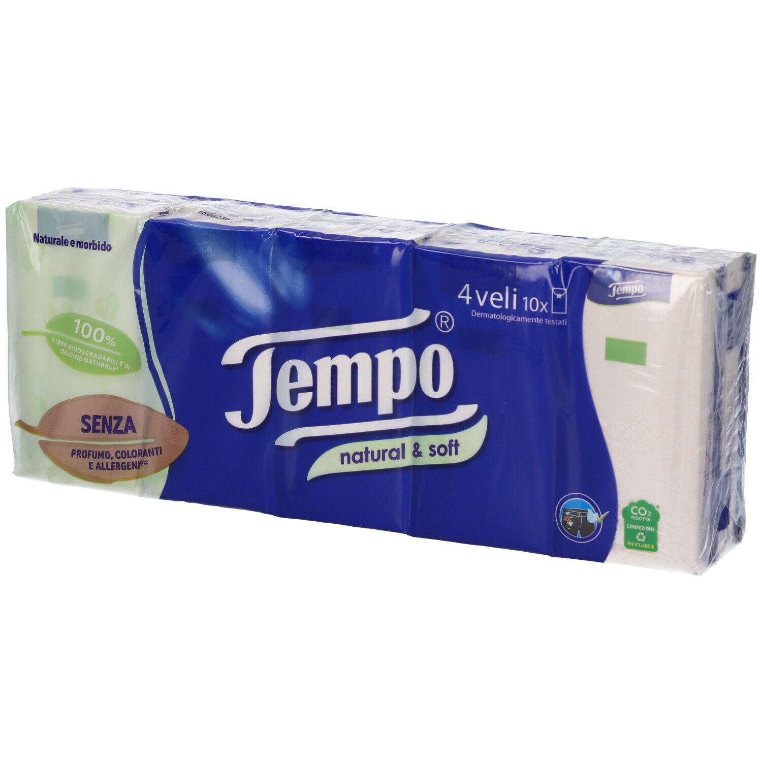 Fazzoletti Tempo confezionati. Confezione blu con logo e scritta "natural & soft". 4 x 10 pezzi. Senza profumo, coloranti e allergeni.
