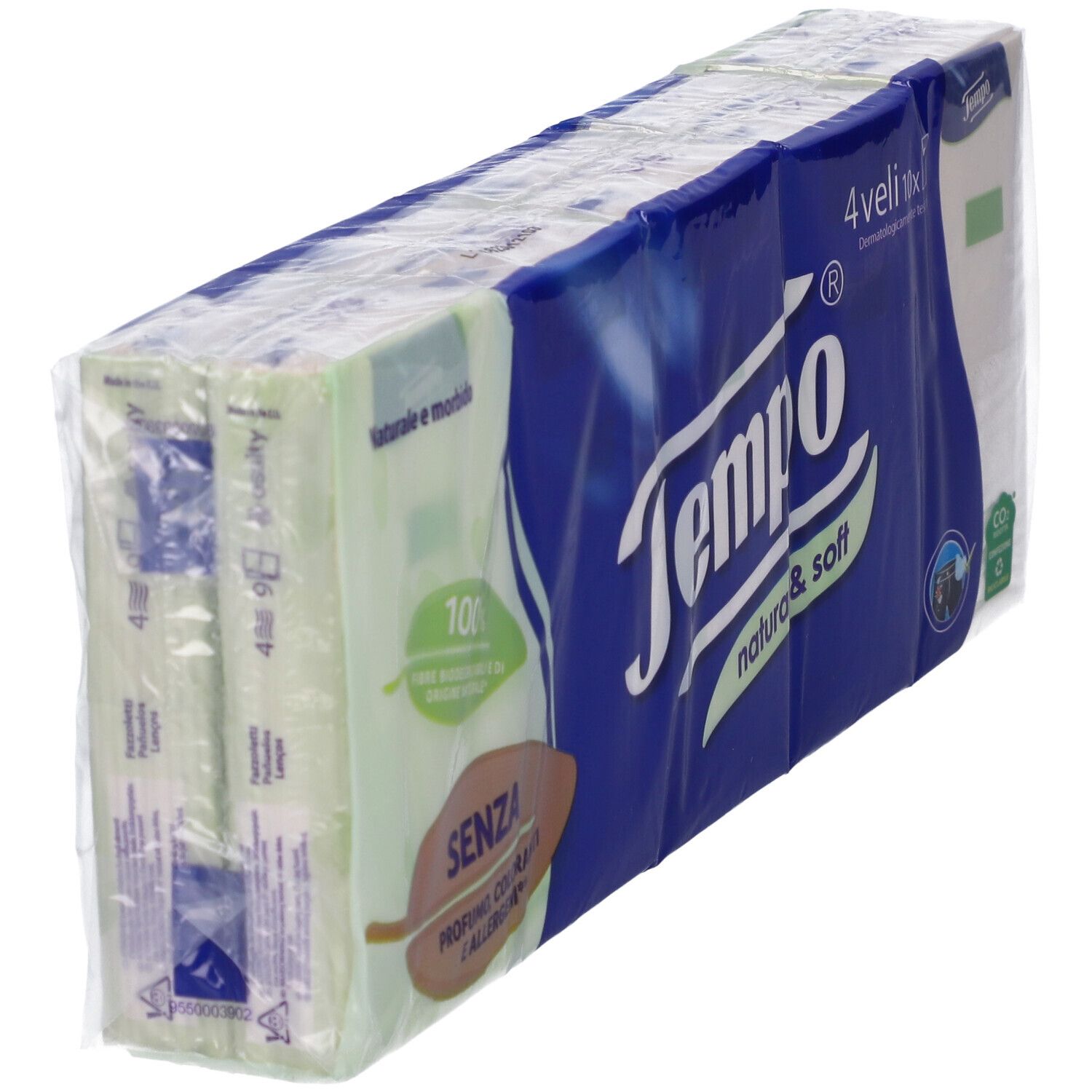 Fazzoletti Tempo confezionati. Confezione blu con logo e scritta "natural & soft". 4 x 10 pezzi. Senza profumo, coloranti e allergeni.