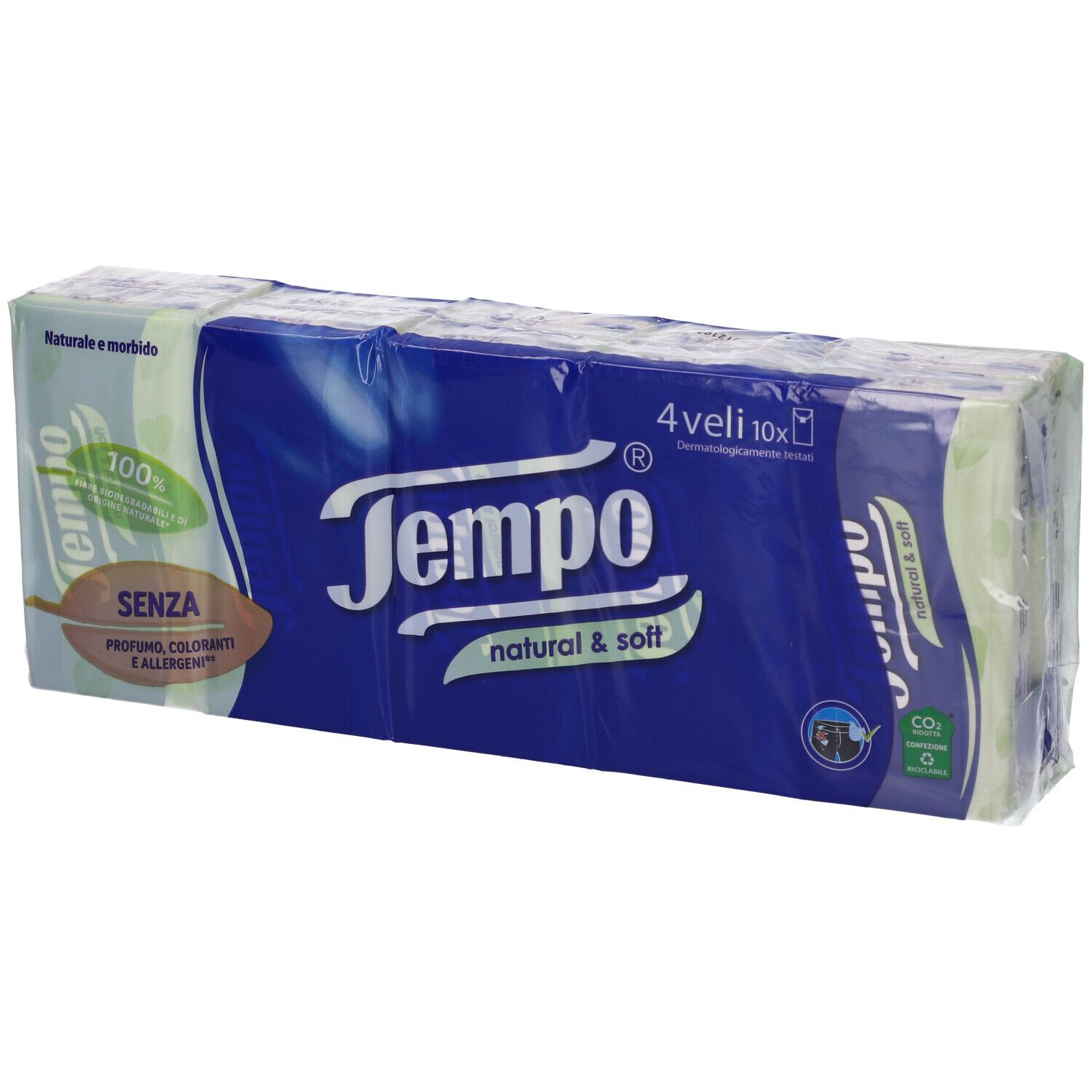 Fazzoletti Tempo confezionati. Confezione blu con logo e scritta "natural & soft". 4 x 10 pezzi. Senza profumo, coloranti e allergeni.