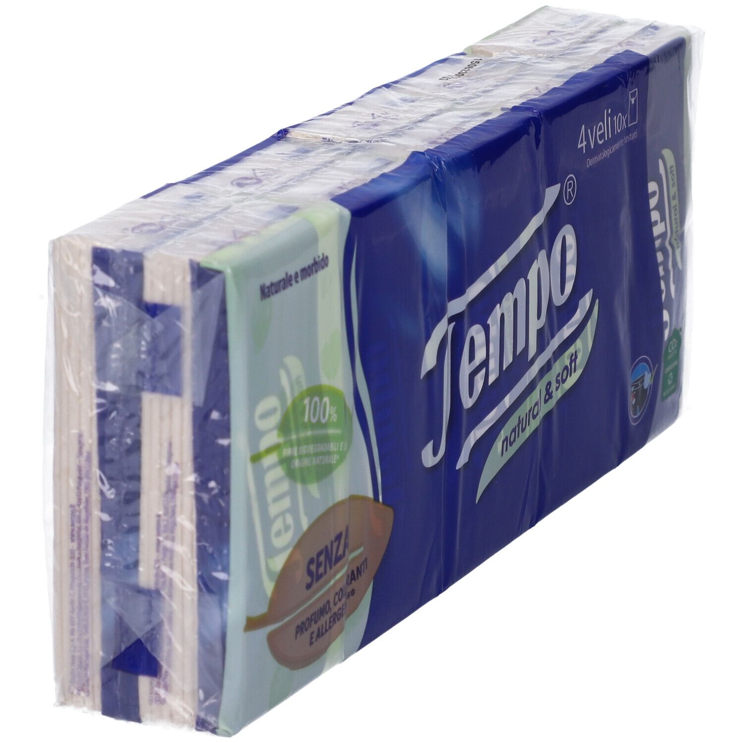 Fazzoletti Tempo confezionati. Confezione blu con logo e scritta "natural & soft". 4 x 10 pezzi. Senza profumo, coloranti e allergeni.
