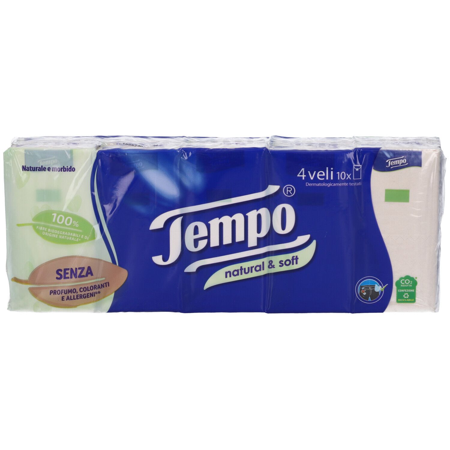 Fazzoletti Tempo confezionati. Confezione blu con logo e scritta "natural & soft". 4 x 10 pezzi. Senza profumo, coloranti e allergeni.