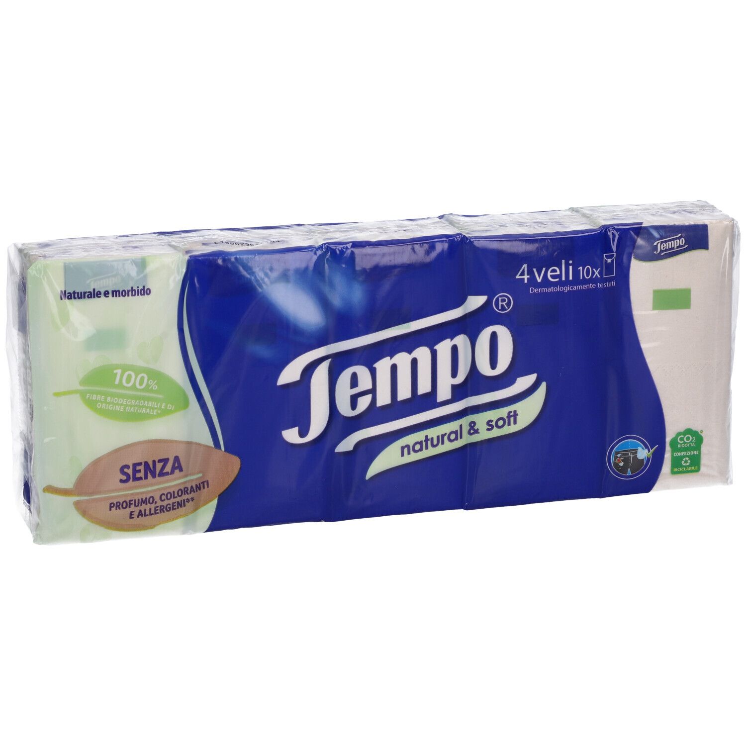 Fazzoletti Tempo confezionati. Confezione blu con logo e scritta "natural & soft". 4 x 10 pezzi. Senza profumo, coloranti e allergeni.