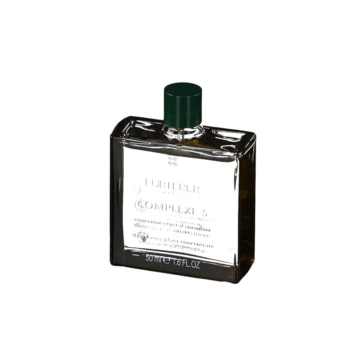 Confezione verde con immagine del prodotto. Testo: Complexe 5, Concentrato vegetale stimolante. Guida al massaggio inclusa.