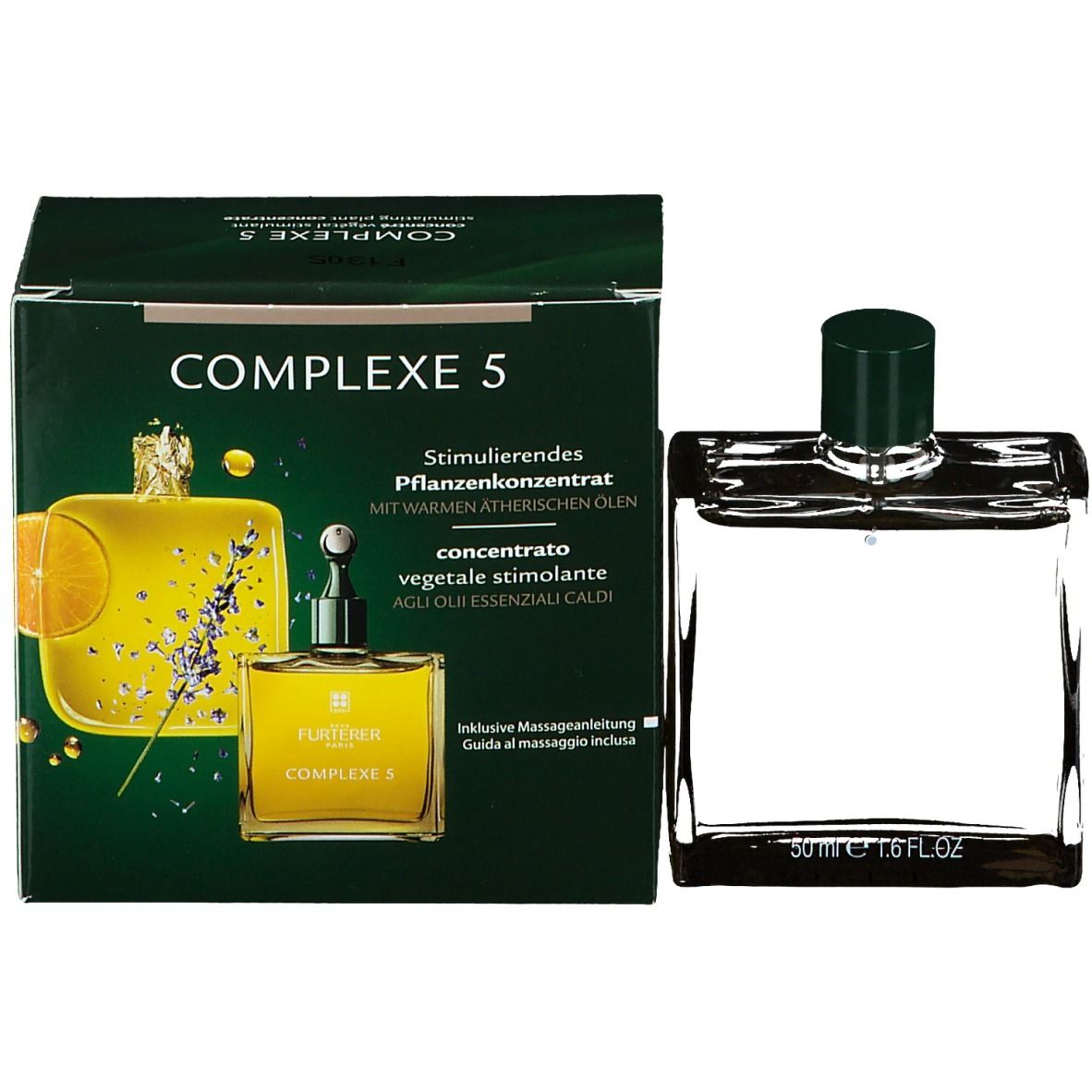 Confezione verde con immagine del prodotto. Testo: Complexe 5, Concentrato vegetale stimolante. Guida al massaggio inclusa.