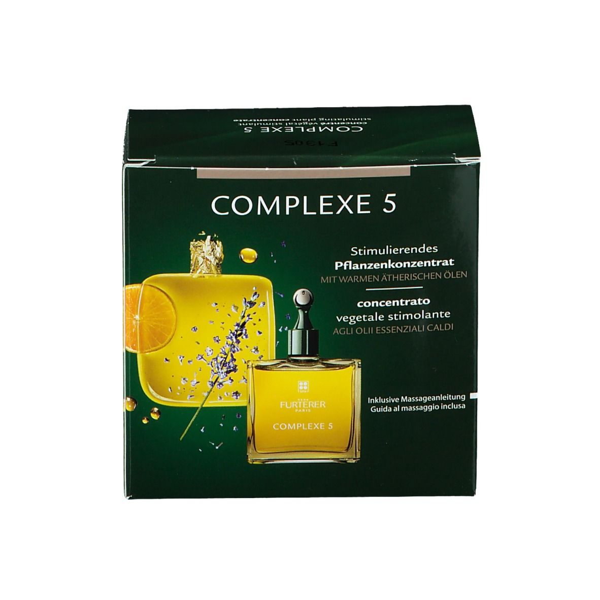 Confezione verde con immagine del prodotto. Testo: Complexe 5, Concentrato vegetale stimolante. Guida al massaggio inclusa.