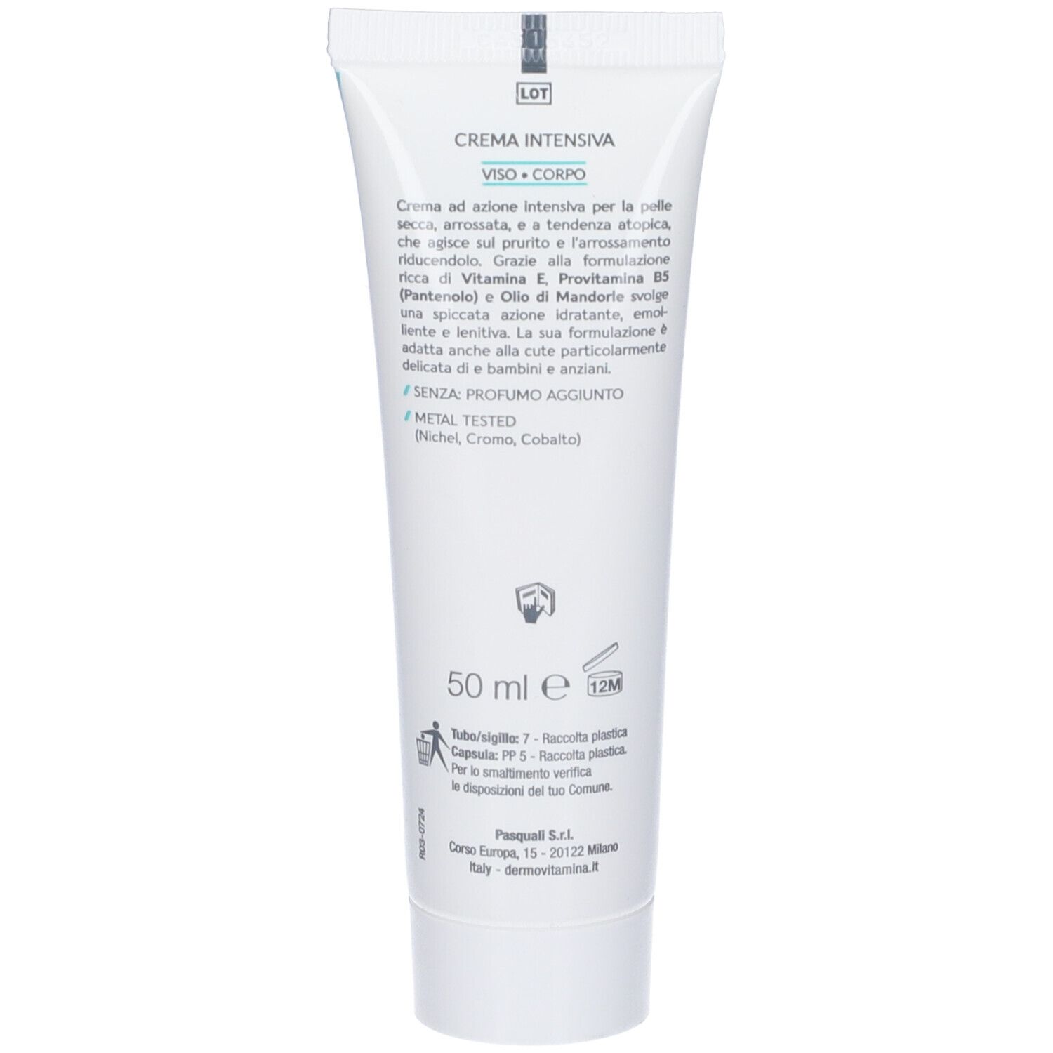 Retro del tubo di crema. Testo: Crema Intensiva, viso e corpo. Contiene vitamina E, provitamina B5, olio di mandorle. 50 ml. Metal Tested.