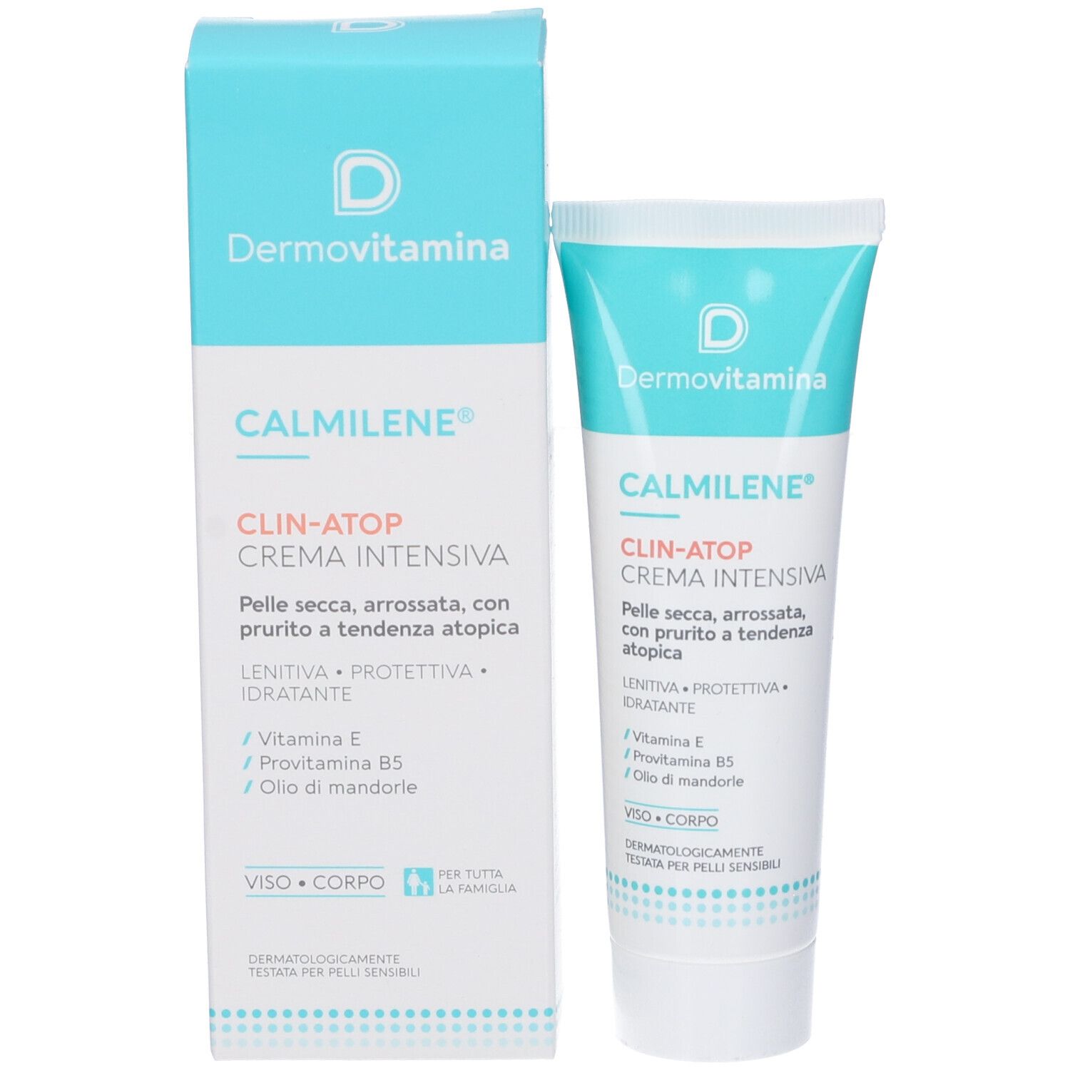 Confezione del prodotto con tubo. Scatola e tubo con design blu e bianco. Scritta: Dermovitamina, CALMILENE, CLIN-ATOP, Crema Intensiva.
