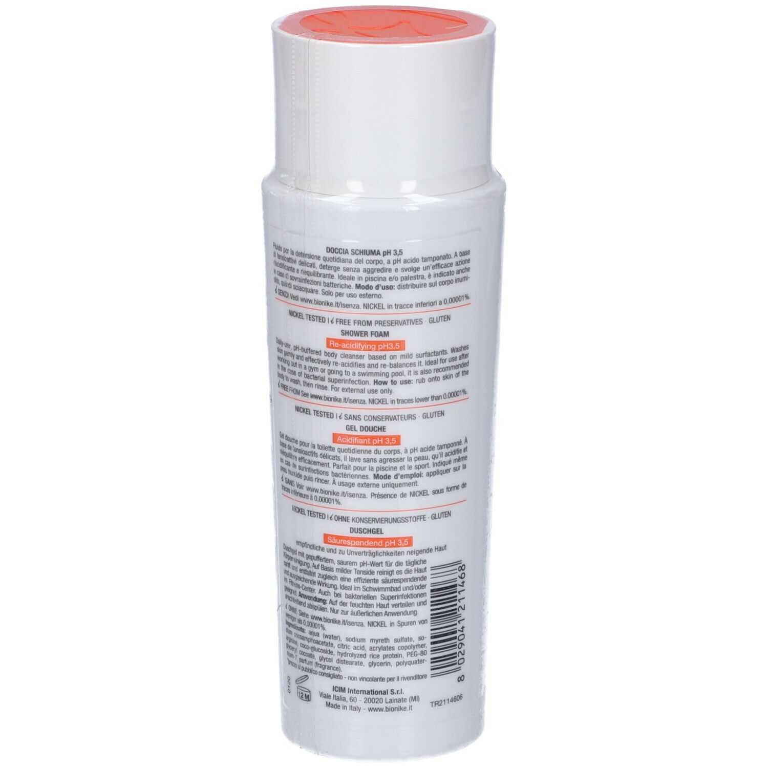 Vista posteriore di un flacone bianco con tappo arancione. Testo multilingue. Marchio: BioNike.