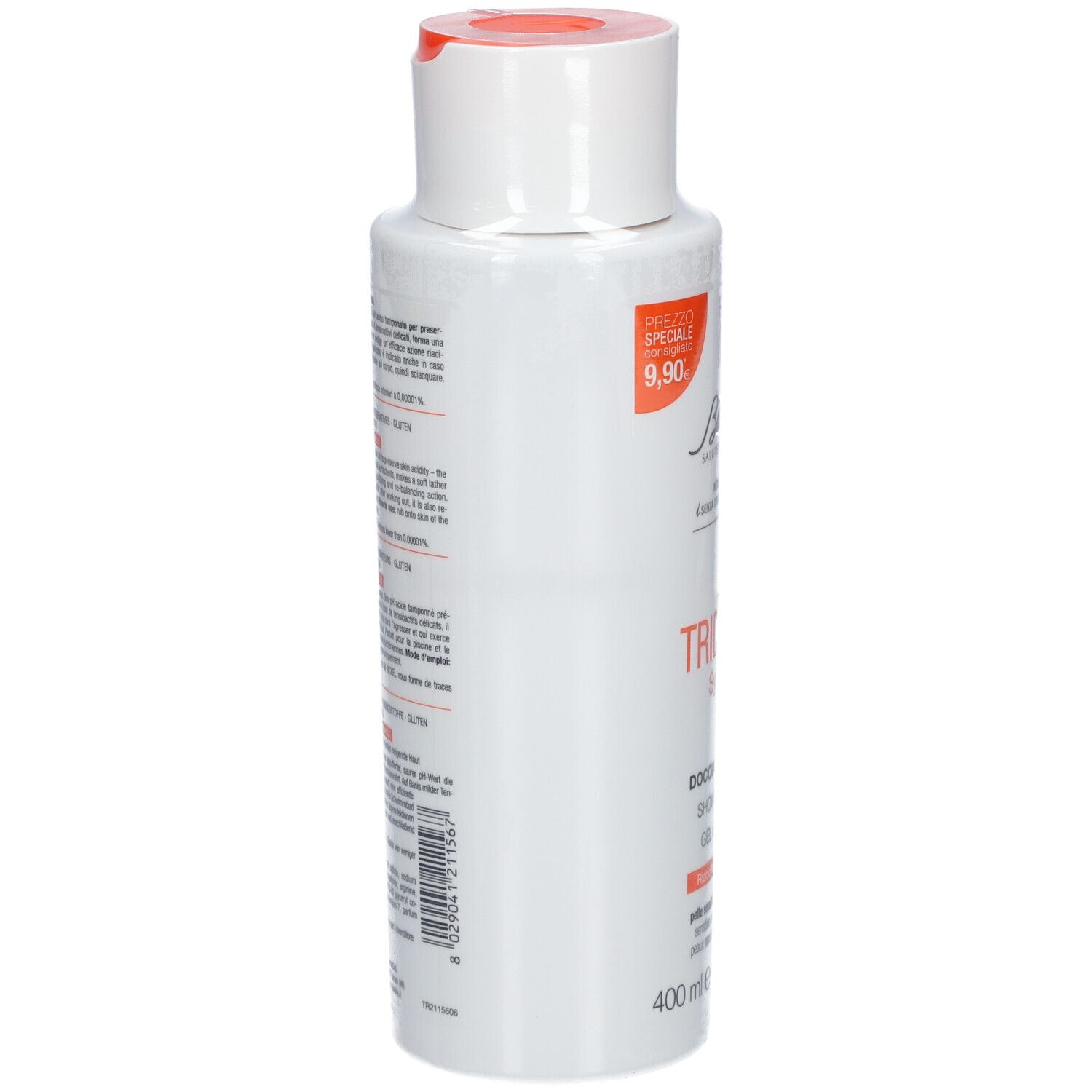 Flacone bianco con tappo arancione. Testo sul retro. 400 ml.