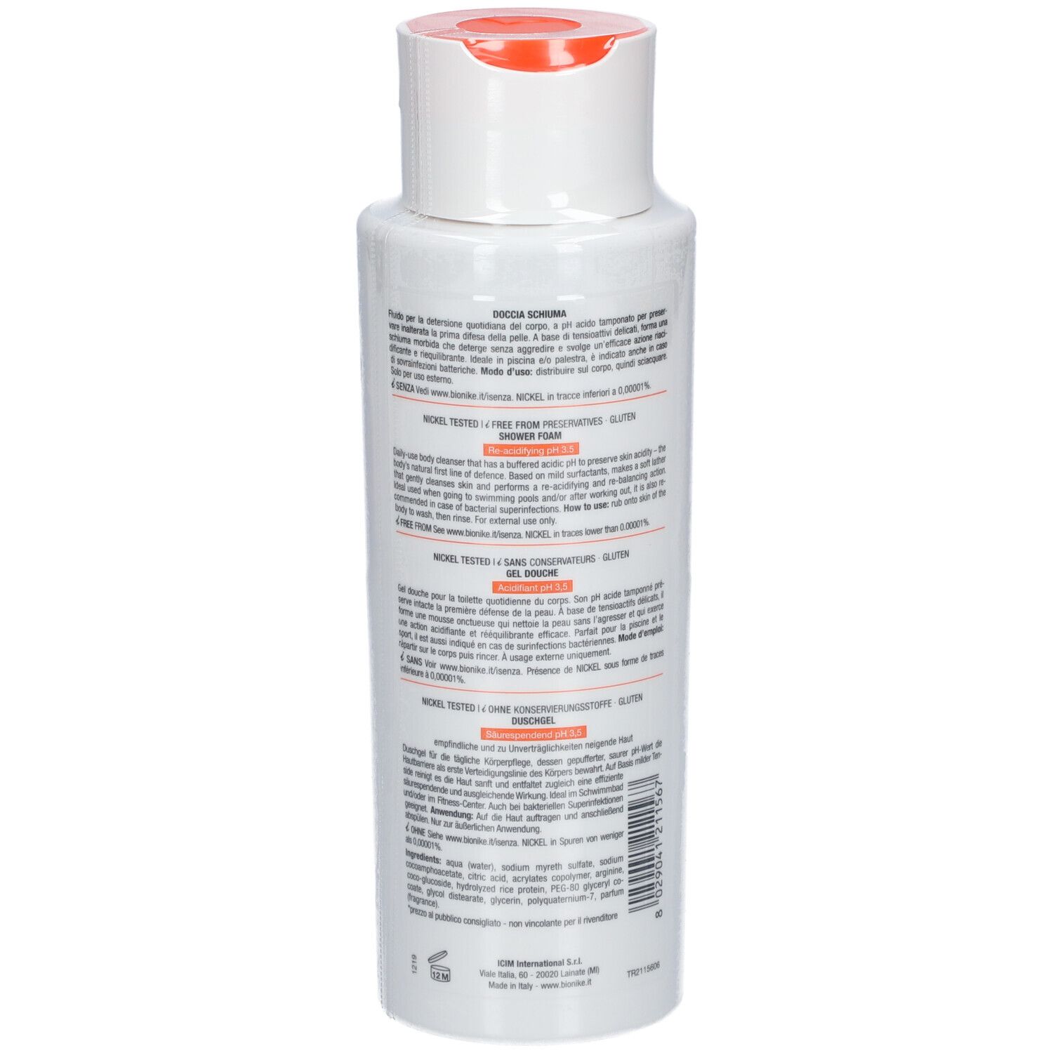 Retro del flacone bianco con tappo arancione. Testo. 400 ml.