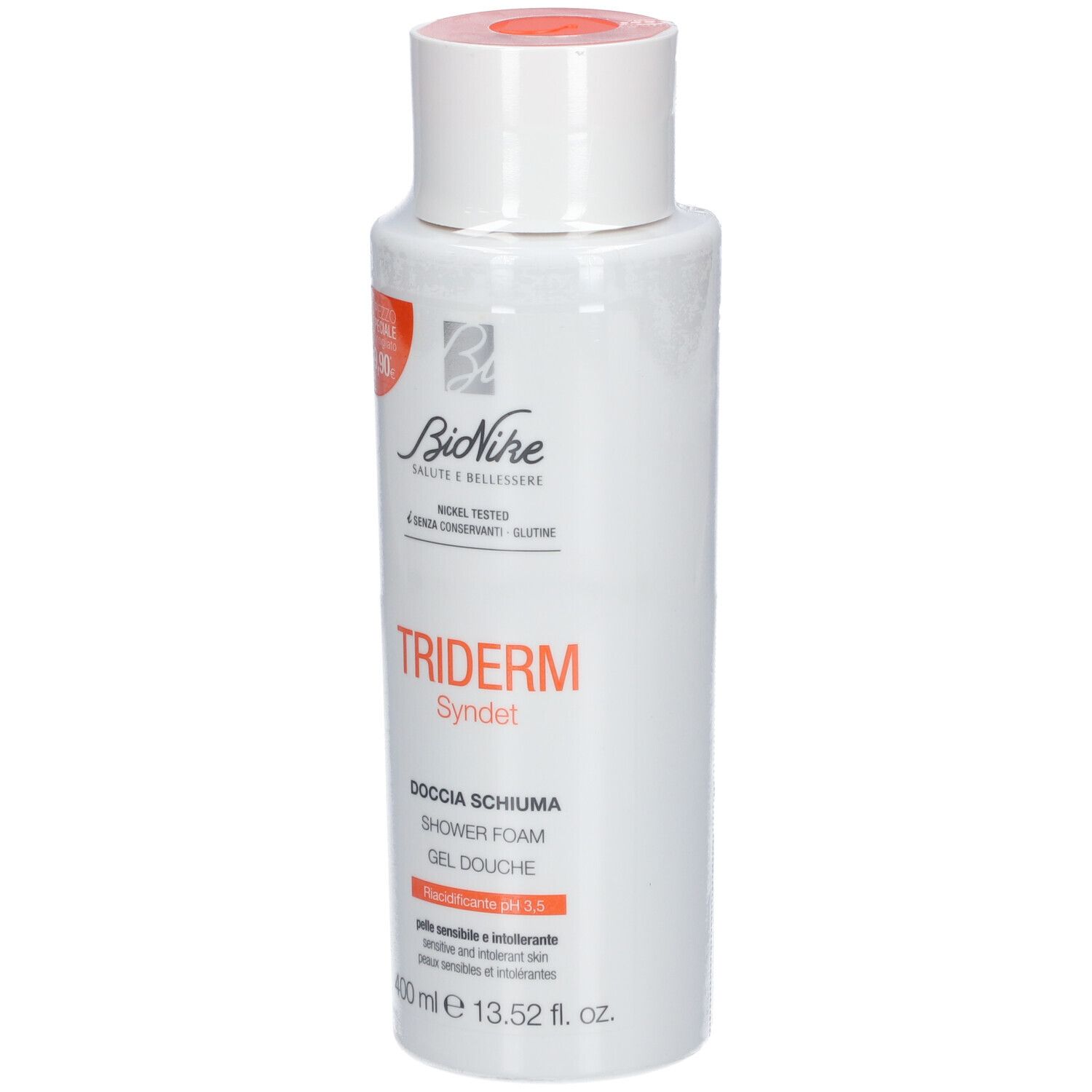 Flacone bianco con tappo arancione. Scritta: BioNike Triderm Syndet, doccia schiuma, pH 3,5. 400 ml.
