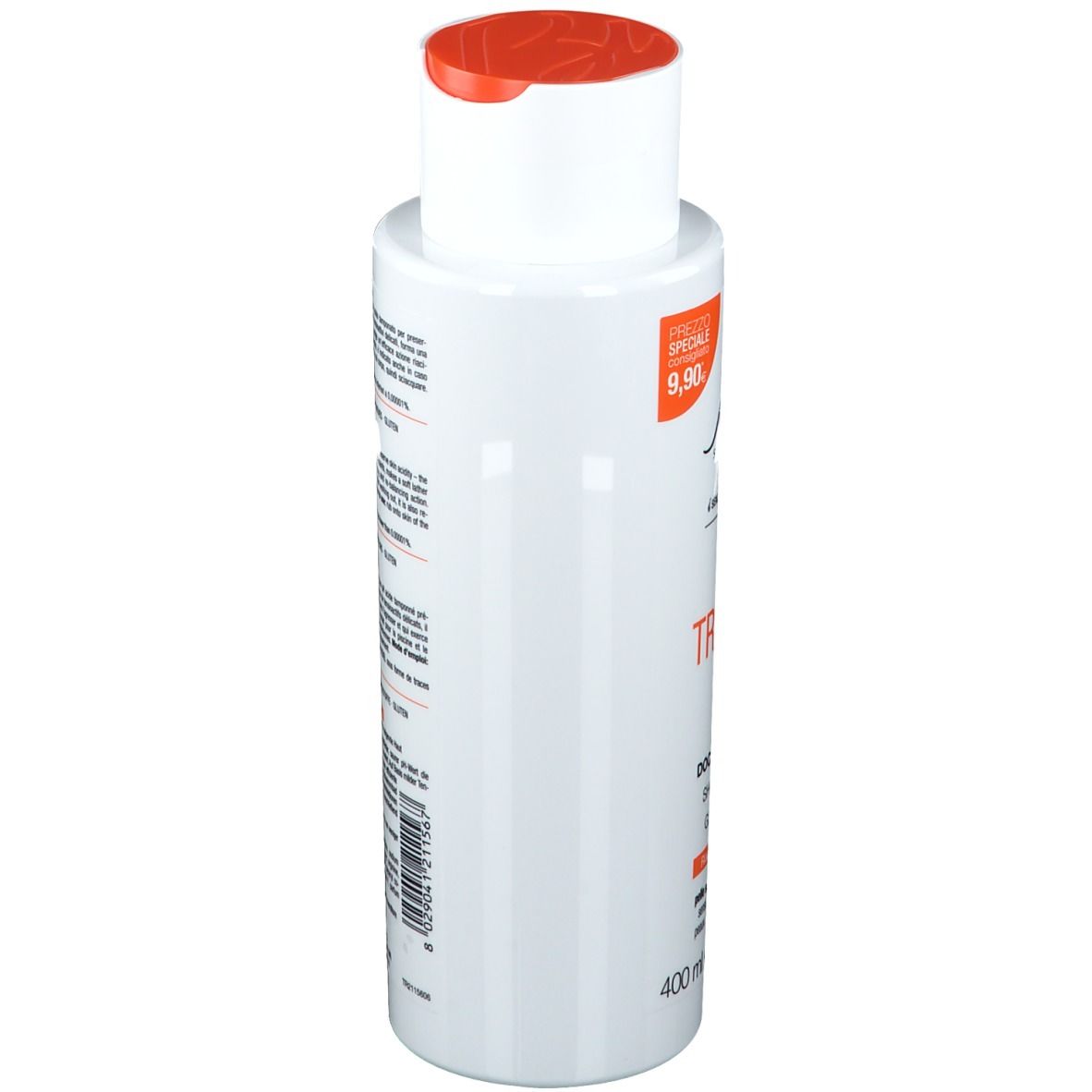 Flacone bianco con tappo arancione. Testo sul retro. 400 ml.