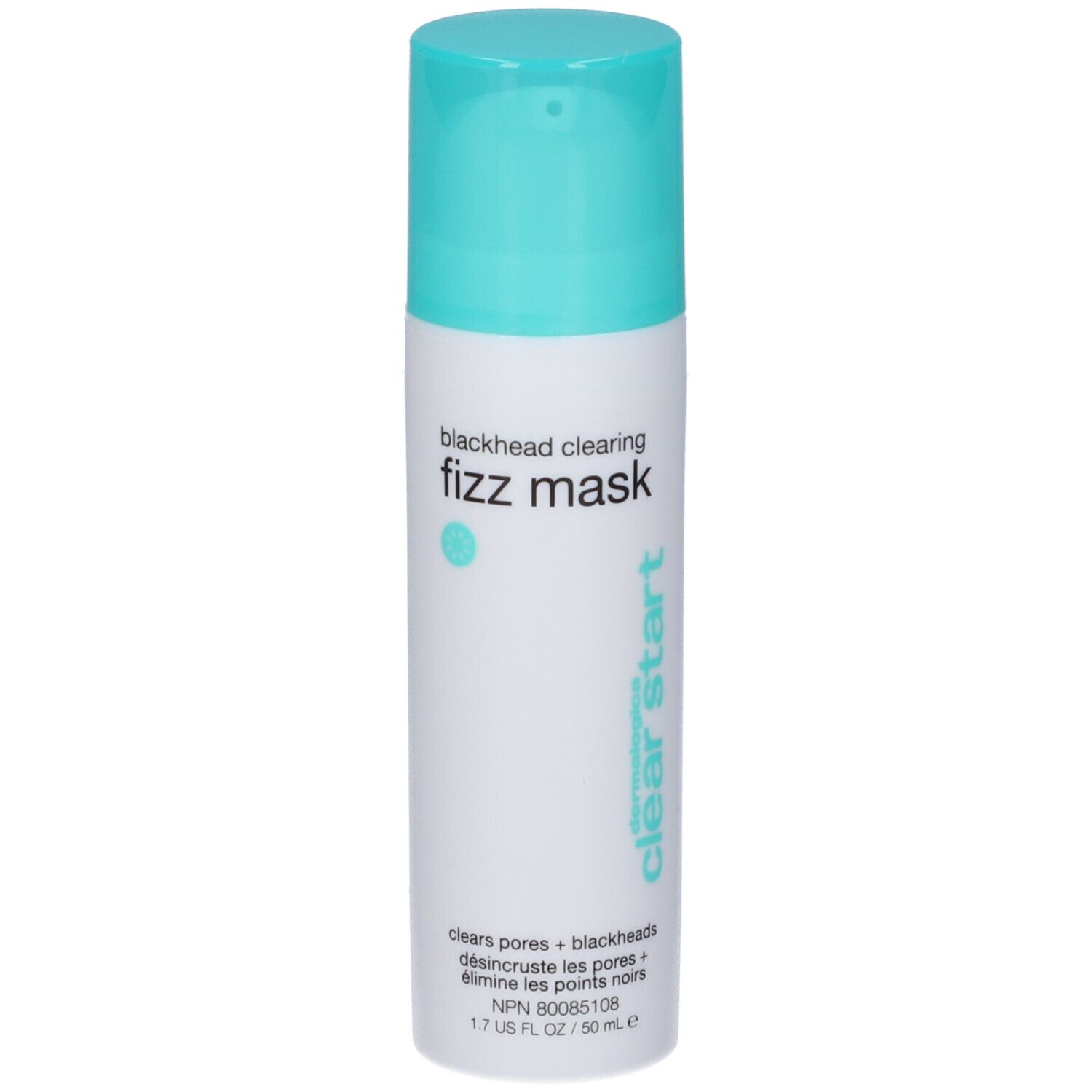 Flacone cilindrico con tappo turchese. Scritta: blackhead clearing fizz mask, clear start.