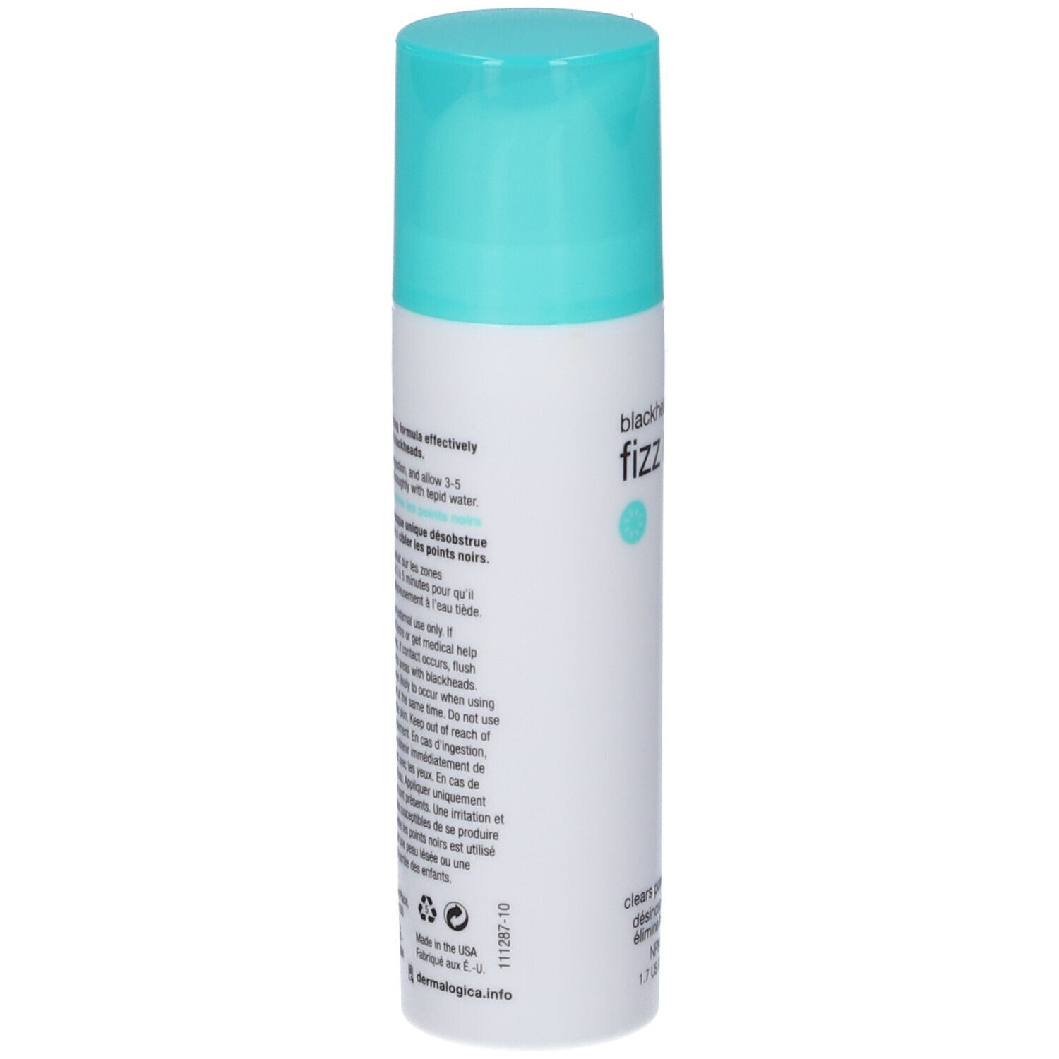 Flacone cilindrico con tappo turchese. Retro con testo. Scritta: blackhead clearing fizz mask.