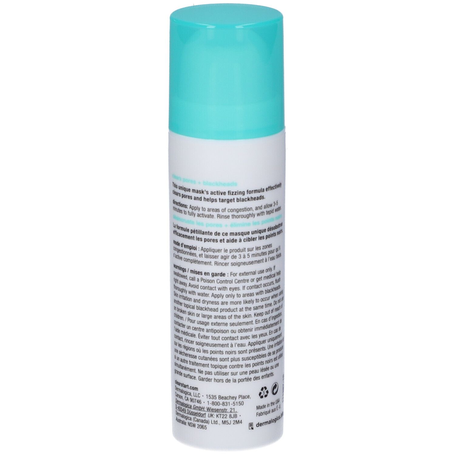 Flacone cilindrico con tappo turchese. Retro con testo. Scritta: blackhead clearing fizz mask.